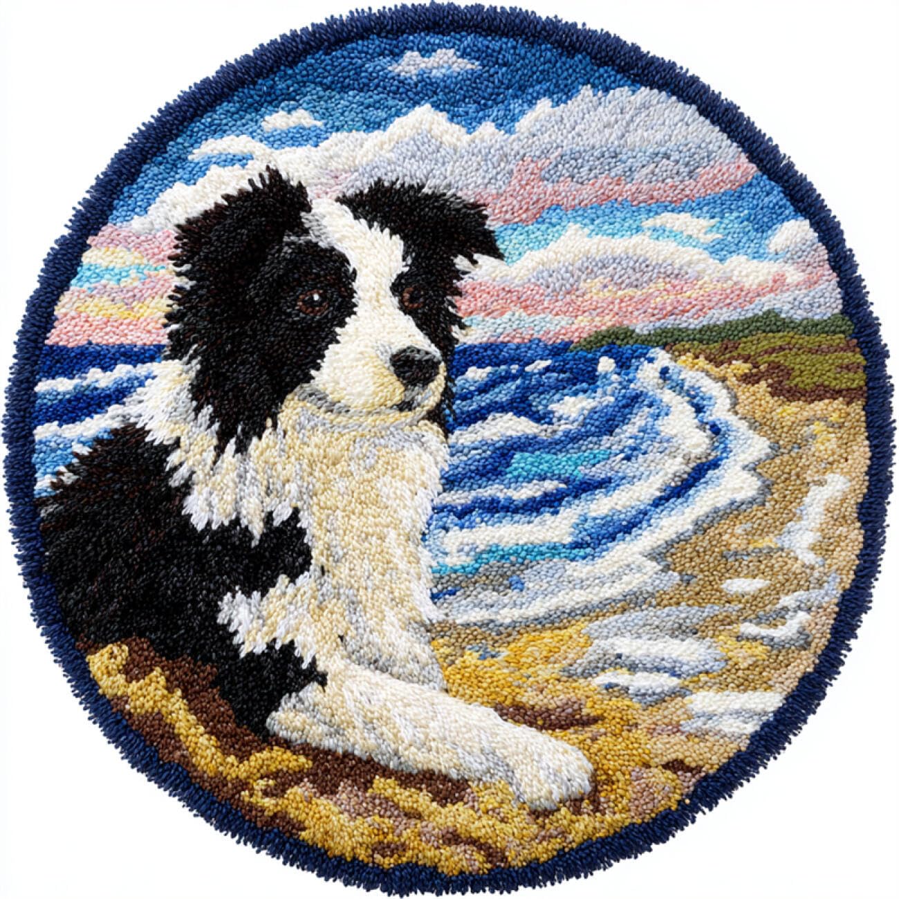 Kitquiver Dog Animal Rug Making Kit for Adults Border Collie and Seascape Latch Hook Rug Making Kit for Adults Embroidery Kits DIY Carpet Needlework for Home Decor 60x60cm