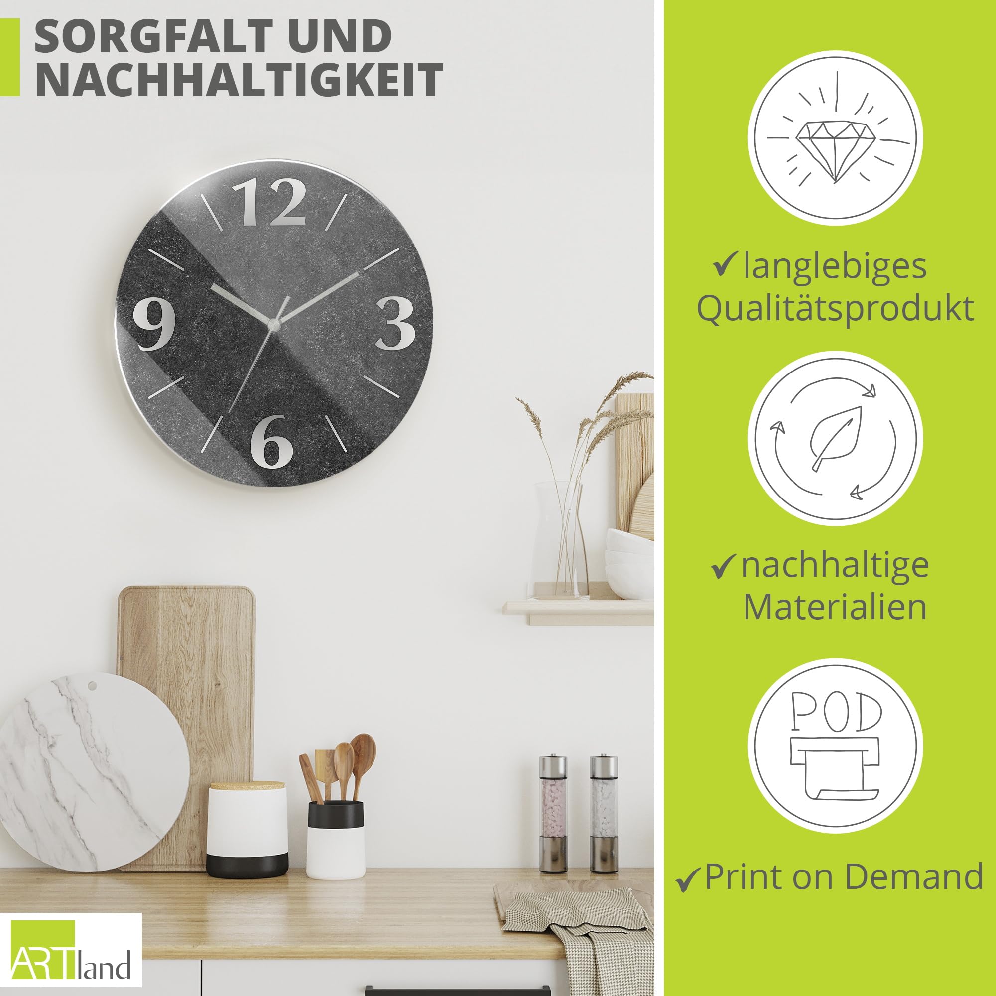 ARTLAND Wanddeko Wanduhr ohne Tickgeräusche aus Glas Funkuhr Ø 30 cm Rund Lautlos Ø 30 cm Granitoptik Gesteinoptik Anthrazit J4XM