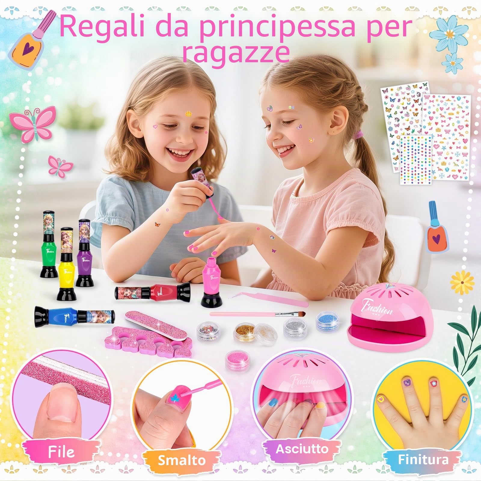 Regalo Bambina 6 7 8 9 10 Anni: Smalto Unghie Bambini, Smalti Non Tossico Staccabile Kit Unghie con Penna Asciuga Smalto, Regali di Compleanno per Ragazze, Salone Bellezza Giochi 5-12 Anni Femmina