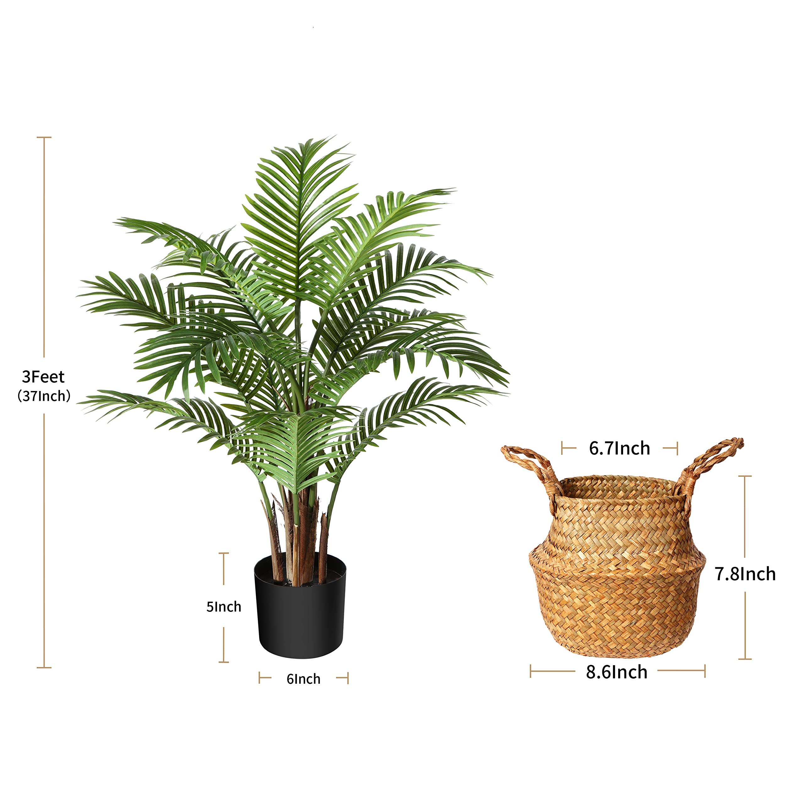 MOSADE Artificial Palm Tree 37”Fake Potted Areca Palm Plant with Handmade Seagrass Basket, Perfect Faux Tree Home Décor for Indoor Outdoor Office Porch Balcony Bedroom Bathroom Gift