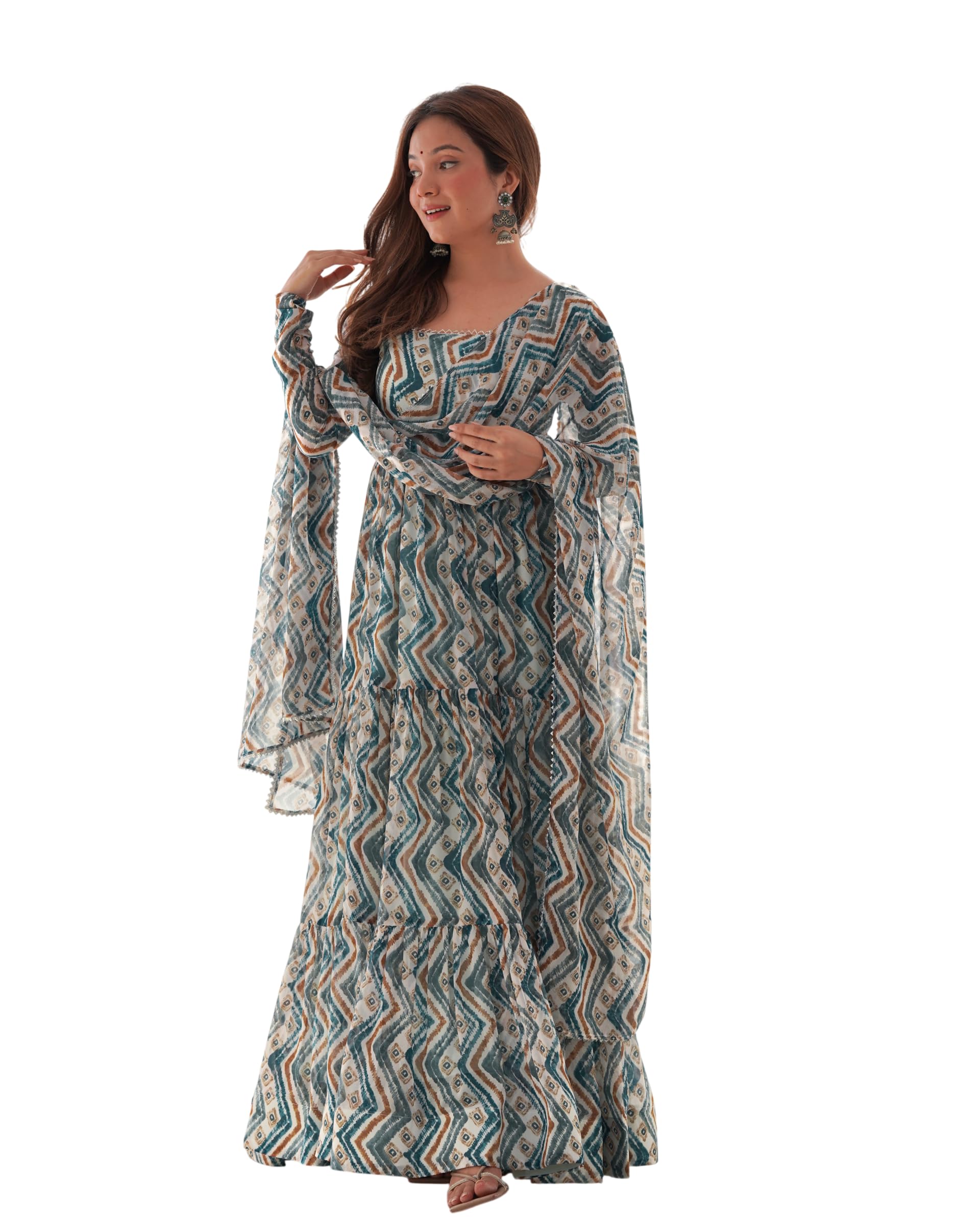Creation By Pure Soft Fox Georgette Zigzag Print Fabric Fully Flair Anarkali Gown with Dupatta,Pent Suit Set.-image-27