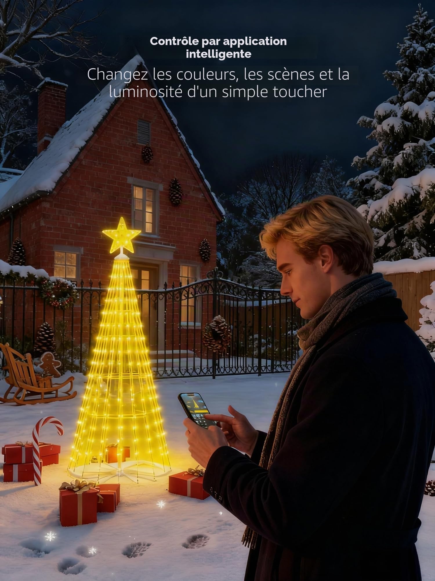 Hoofun Guirlande lumineuse LED intelligente pour sapin de Noël : 150 cm, éclairage de Noël avec étoiles, application et télécommande, prise USB, RVB à intensité variable, mode DIY, minuterie