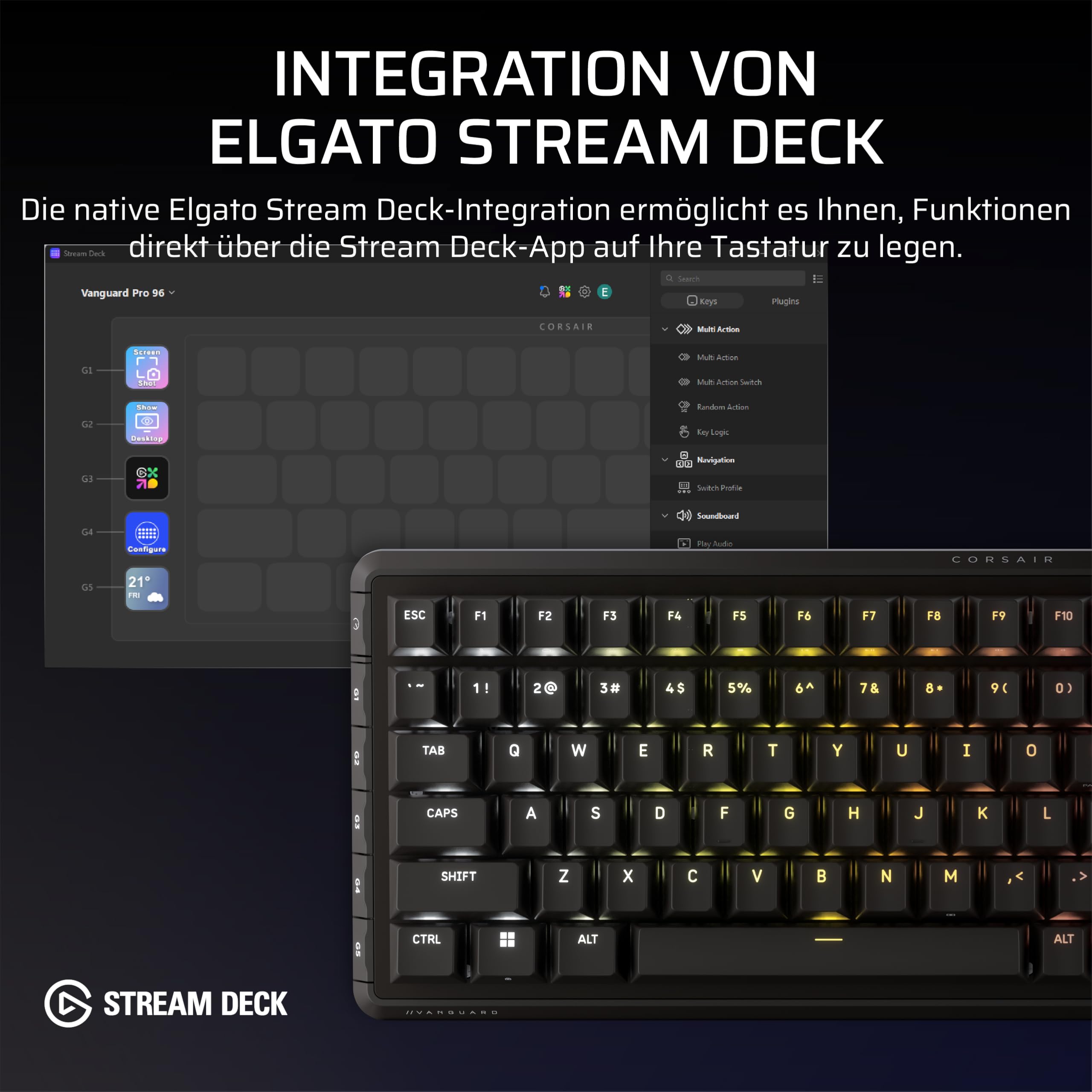 Corsair Vanguard PRO 96 Kabelgebundene Gaming-Tastatur Schwarz QWERTZ DE Hall-Effekt 96% MGX Hyperdrive Schalter 8000Hz Rapid Trigger Virtual Stream Deck SOCD Flashtap