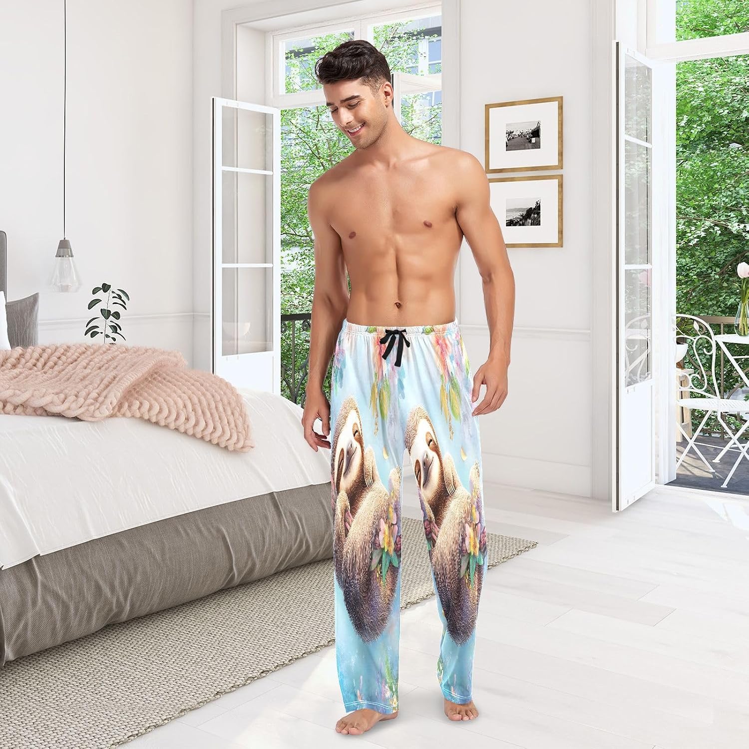 ALAZA Cute Sloth Flowers Men's Pajama Pants Men Cotton Pajama Bottoms with Pockets, S