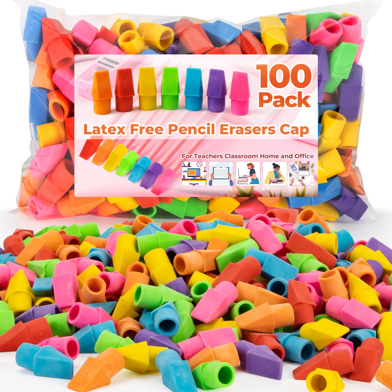 Sukh Cap Erasers for Pencils Pulk - Pencil Top Erasers Cap Erasers Toppers for Latex Free Assorted Colors School Supplies for Teachers Classroom Home and Office (Pack of 100)