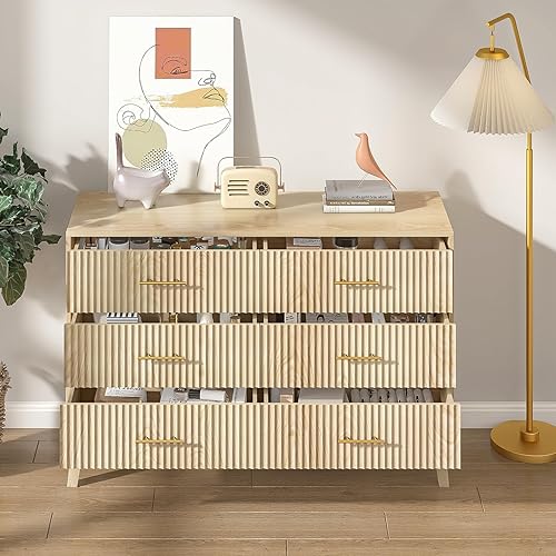 Miniatura 5 de Cómoda Accent de 6 cajones, cómoda moderna con panel estriado, sala de estar, dormitorio, cuarto de bebé, entrada y pasillo (roble)