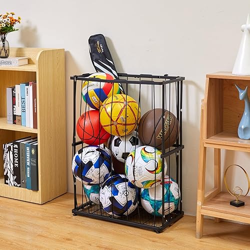 Miniatura 5 de Organizador de equipo deportivo de pared y piso para almacenamiento de pelotas de garaje Estante de pelota deportiva con cuerda elástica, soporte