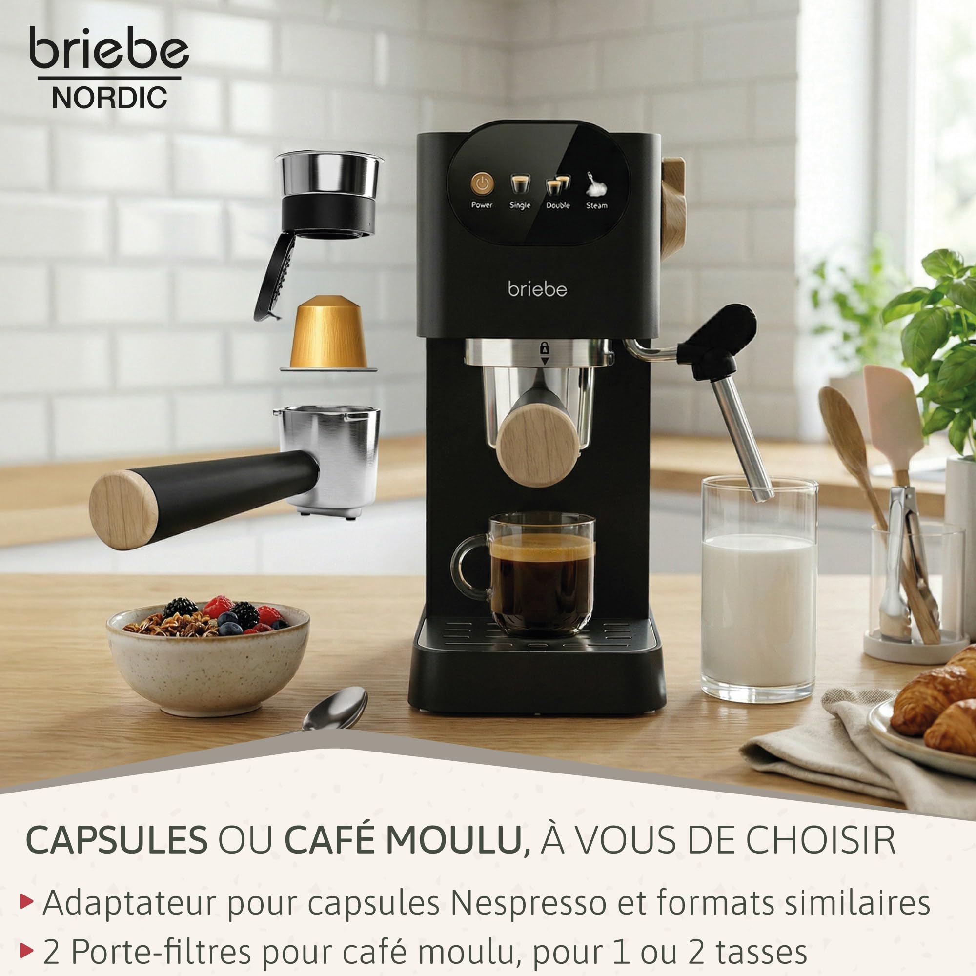 briebe Nordic Macchina Caffè Espresso 20 Bar per Capsule e Caffè Macinato + Bollitore Elettrico 1,7L Cordless, 2200 W + Tostapane a Fessura Larga a 2 Fette Set Colazione Design Nordique (Nero)