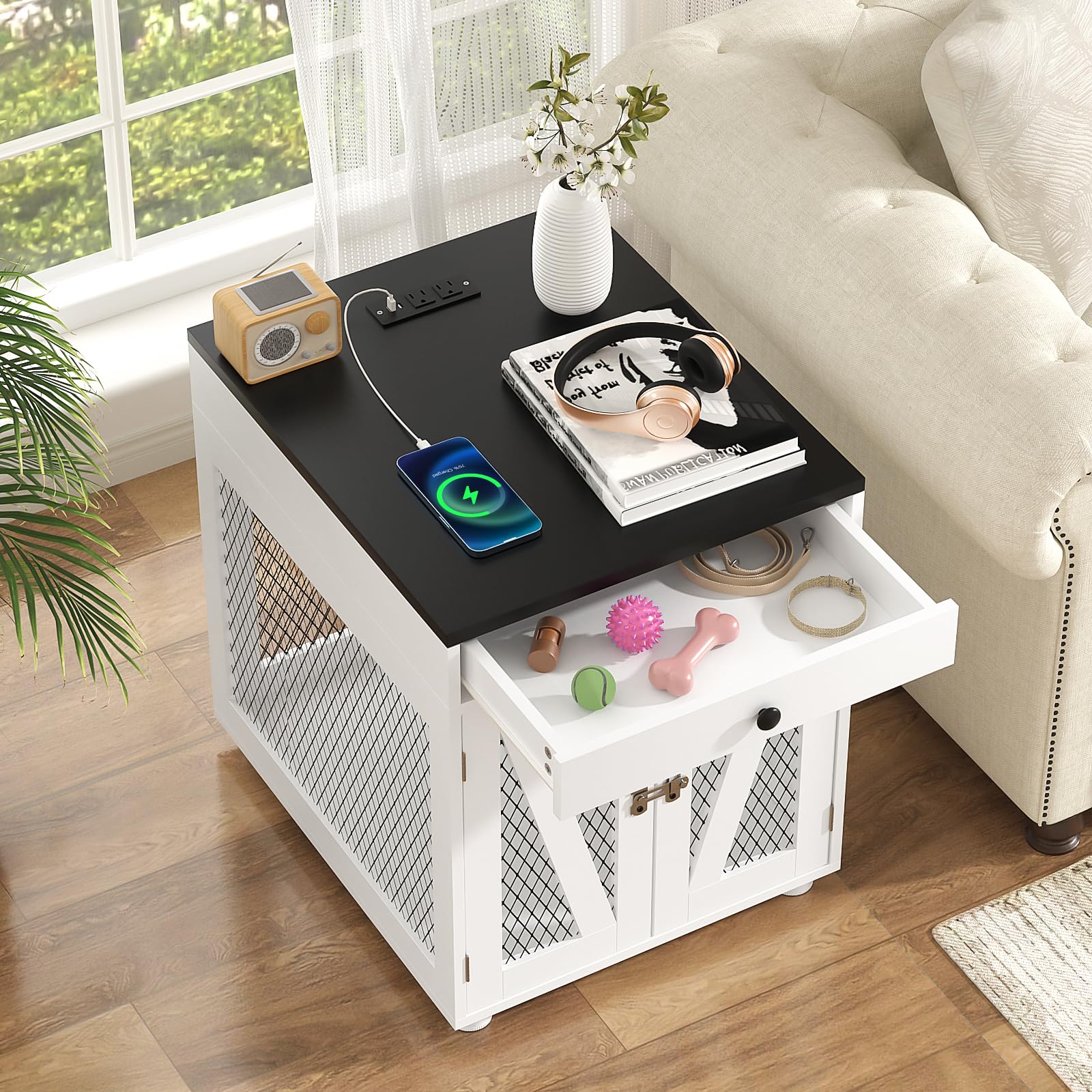 VOWNER Dog Crate Furniture, Wooden Dog Kennel End Table with USB Charging Station, Storage Drawer, Double Latched Door, Furniture-Style Crate Side Table for Small Dogs Under 25 lbs Indoor Use, White - image 4