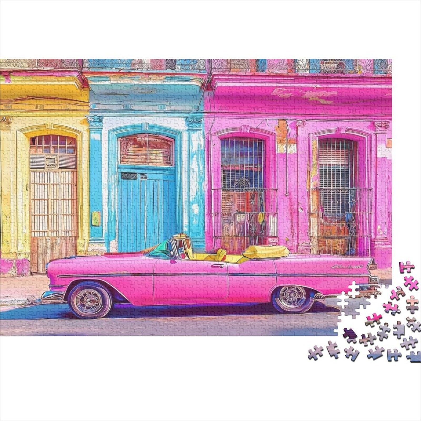 Pink Vintage Car 1000 Piece Jigsaw Puzzle Paper for Adults Colorful Old Street Jigsaw Puzzle for Family Relax Home Decor 38x26cm/1000pcs โ image 1