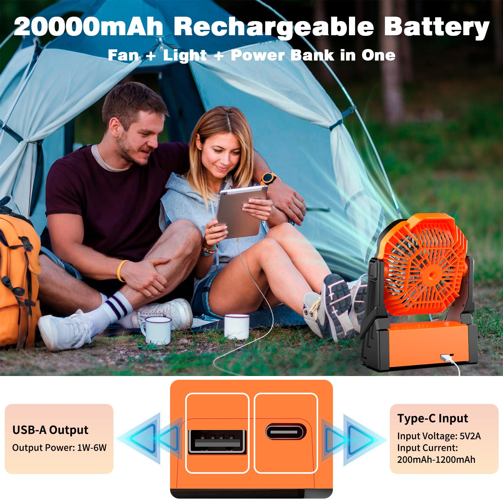 Sendowtek Ventilateur Batterie pour Camping 20000mAh, Puissant Silencieux avec Lumière LED et Crochet 4 Vitesses Réglables, Ventilateur USB sans fil portable rechargeable pour Tente Extérieur Bureau