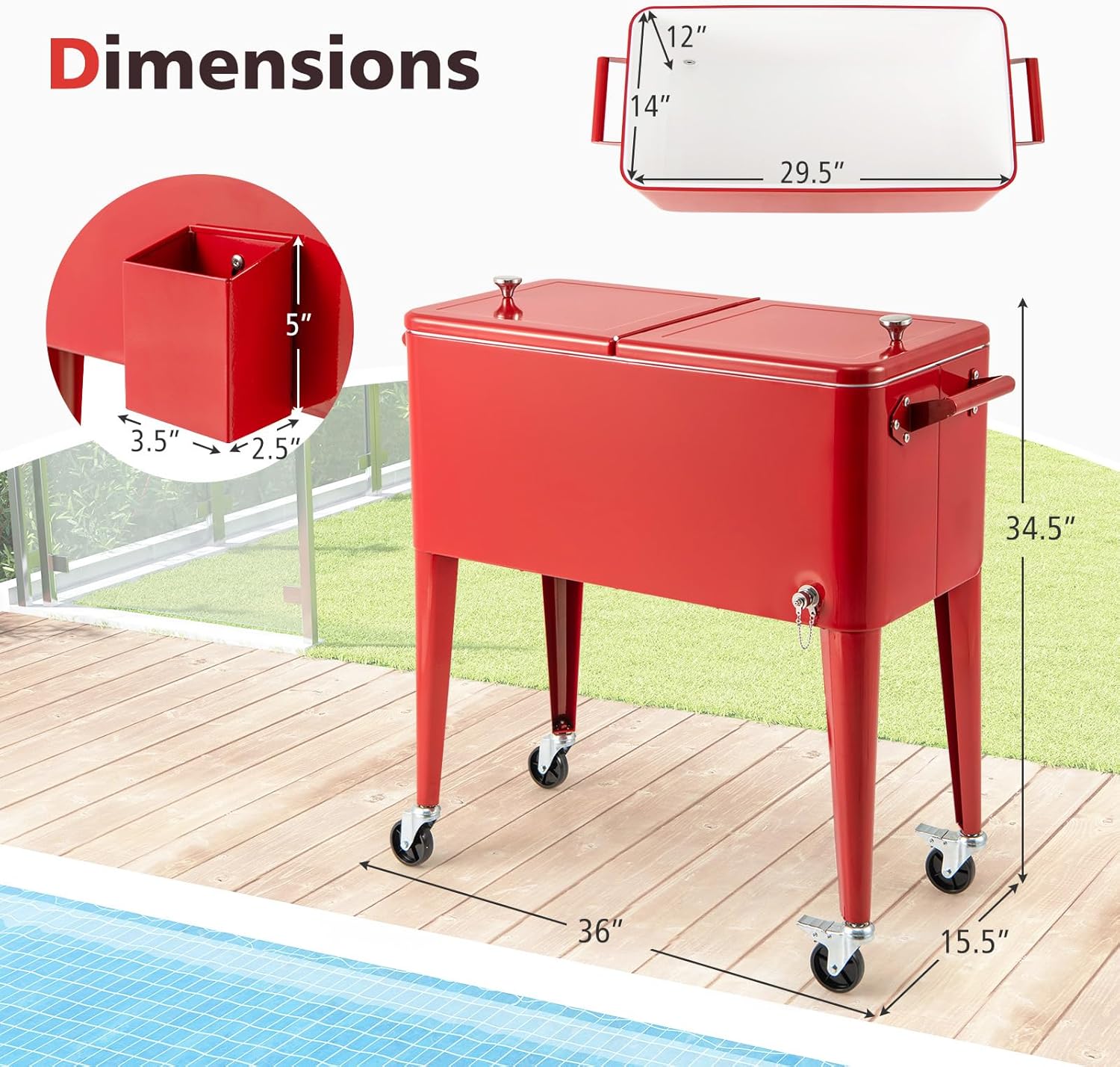 HAPPYGRILL 80 Quart Rolling Cooler Cart with Lockable Wheels, Outdoor Beer Beverage Cooling Ice Chest with Bottle Opener & Cap Catcher, for Party Poolside Backyard BBQ