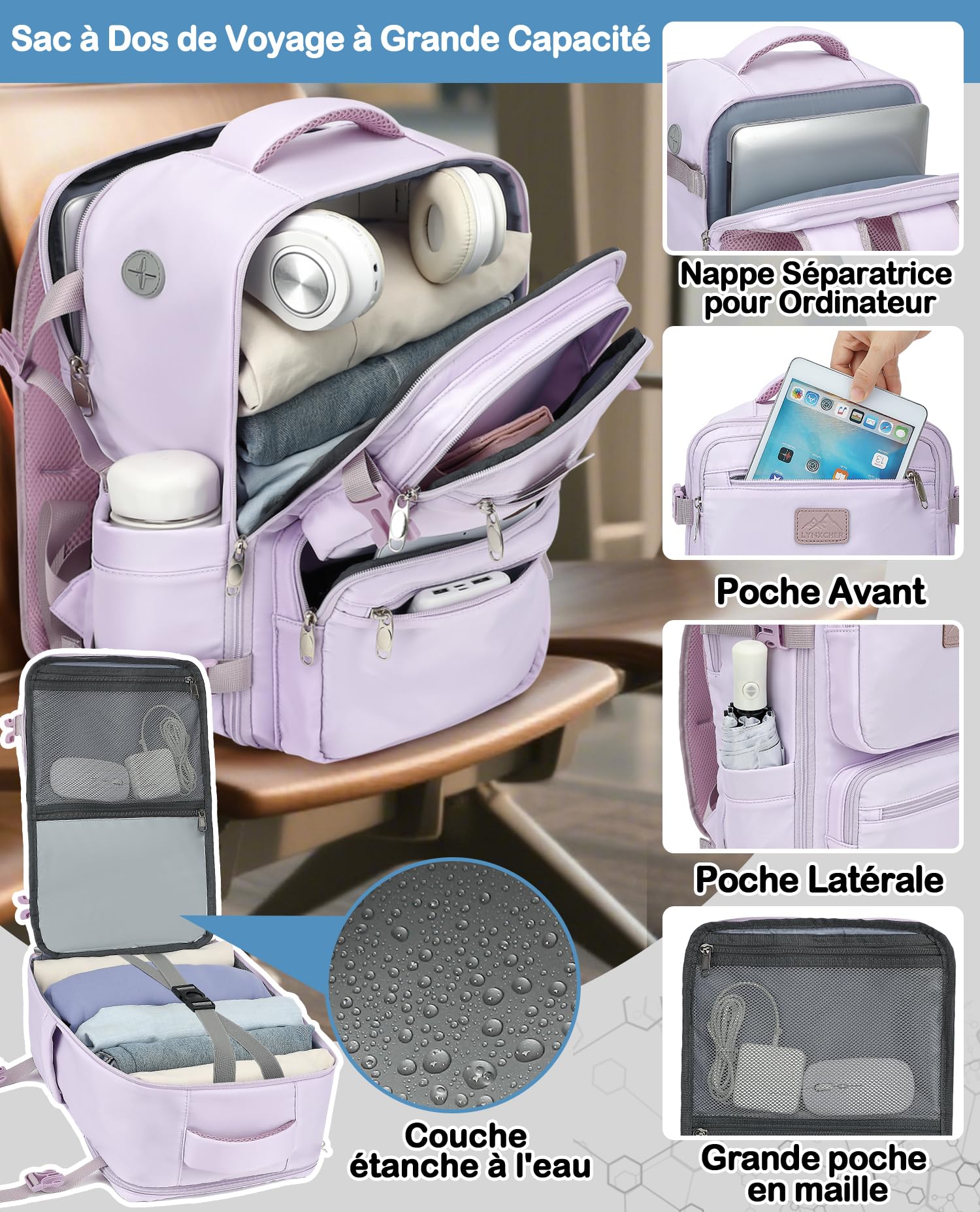 Sac a Dos Voyage Cabine Avion 45x36x20 pour easyjet Bagage Cabine Sac à Dos Voyage 30 L Bagage à Main pour Femme Homme Ordinateur Portable 15.6 Pouces(Violet Clair,M)
