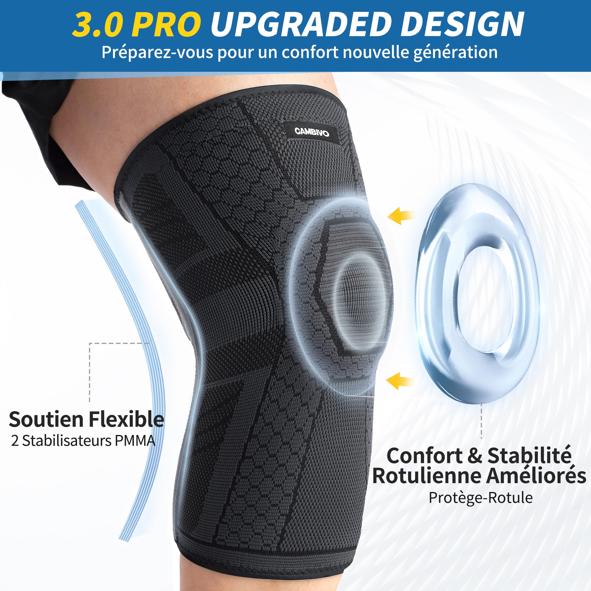 CAMBIVO Genouillere Arthrose Genou 2 Pcs, Genouillère Sport avec Stabilisateurs Latéraux en PMMA et Coussin en Gel Rotulien, Genouillère Rotulienne pour Ménisque, Douleur Genoux, Sport