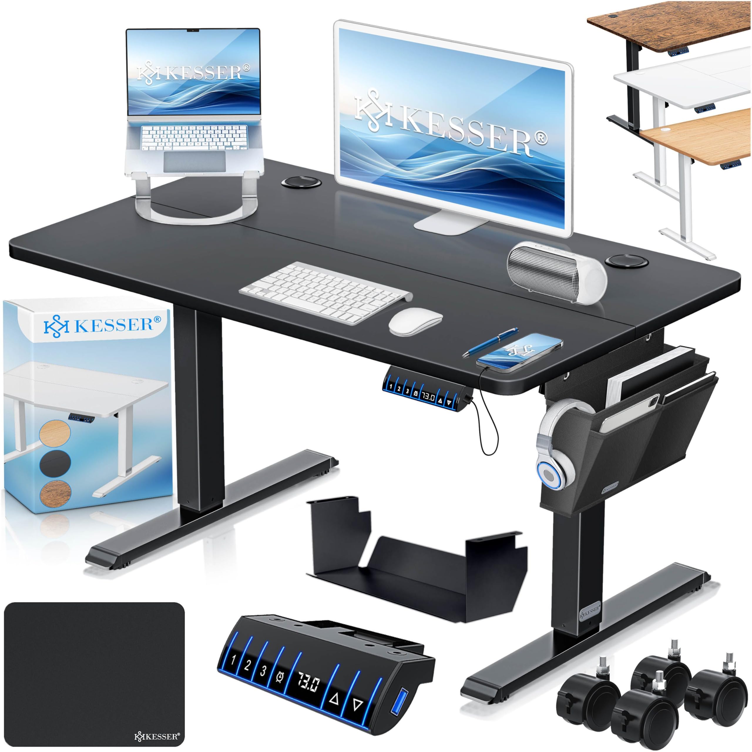 KESSER® Scrivania elettrica regolabile in altezza, Scrivania ergonomica per postura eretta, Controllo di memoria a 3 funzioni, incl. Ruote a 360° e Porta di ricarica USB, 100x60 cm - Nero