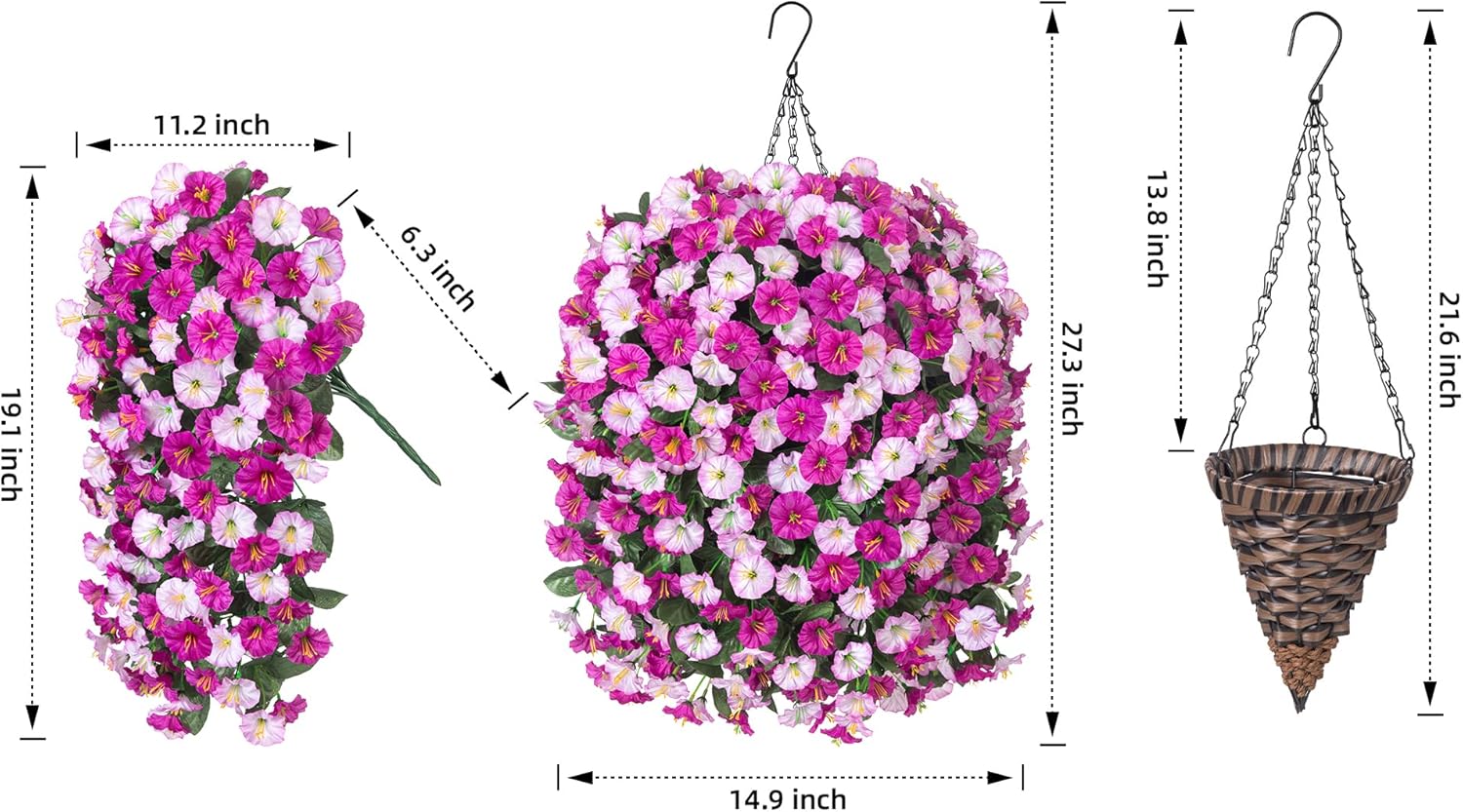 Artificial Fake Hanging Flowers Basket for Outdoor Indoor Decoration,UV Resistant Faux Silk Light Fuchsia and Fuchsia Morning Glory Flowers Plants Realistic Hanging Planter for Outside Home Porch Yard - Image 3