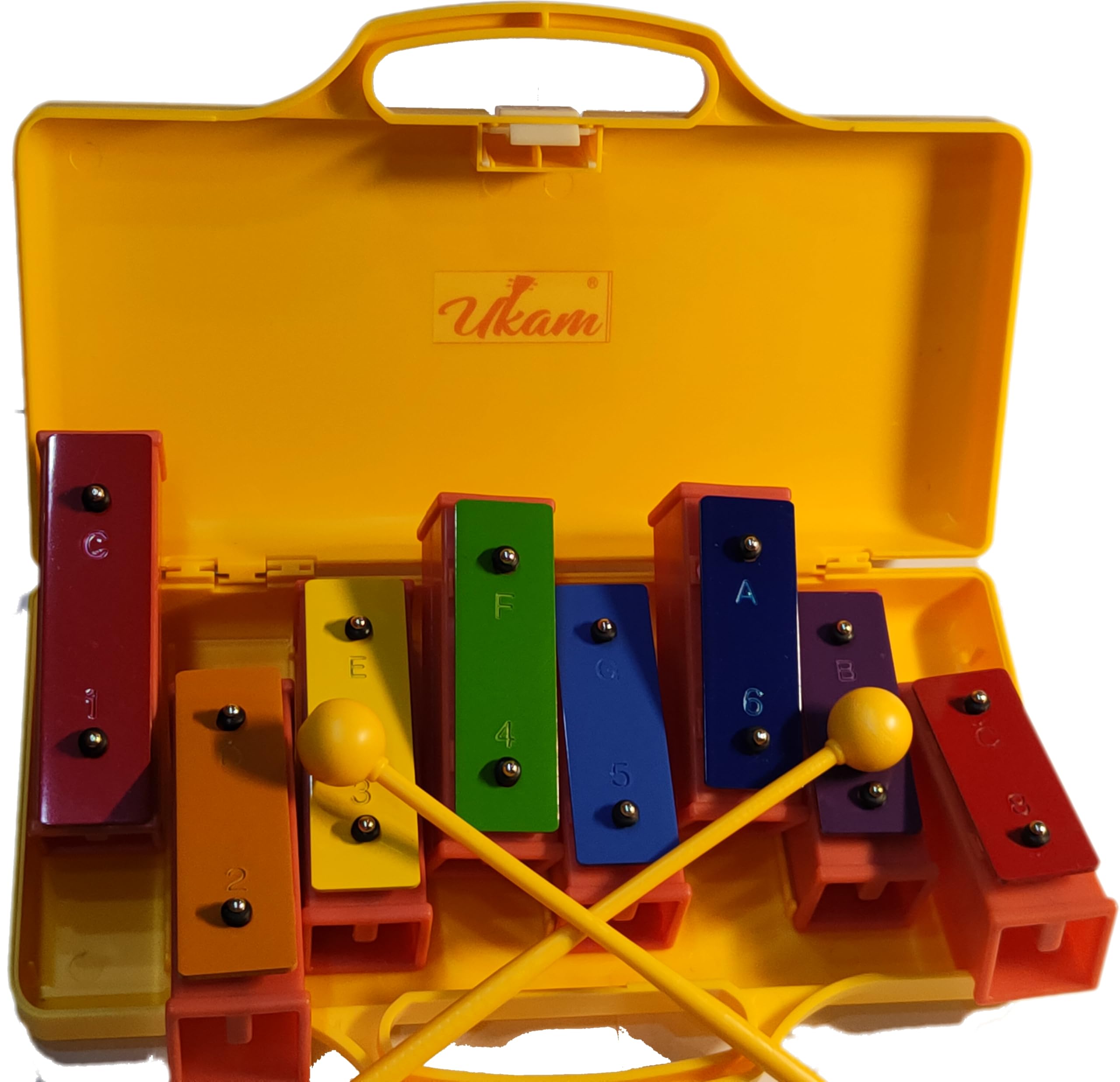 Xilófono diatonico Soprano Ukam 8 Notas individaules de colores, Instrumento de percusión con dos mazas y estuche rigido amarillo. (Metalonotas) (Amarillo)