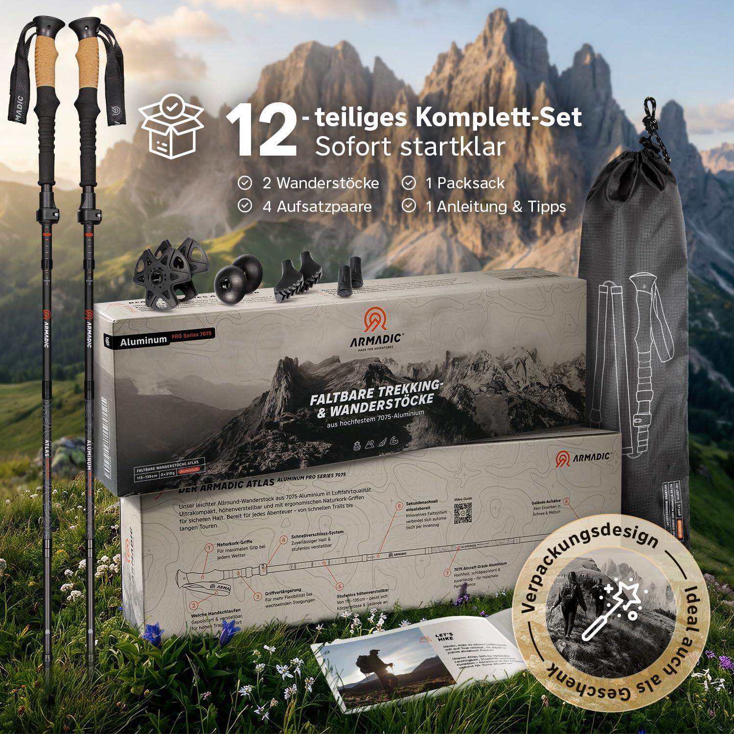 Bastones de senderismo plegables de carbono y aluminio (solo 240 g/295 g) con mango de corcho | Bastones de trekking ultraligeros y ajustables sin niveles, para marcha nórdica, 115-135 cm/100-120 cm, para hombre y mujer