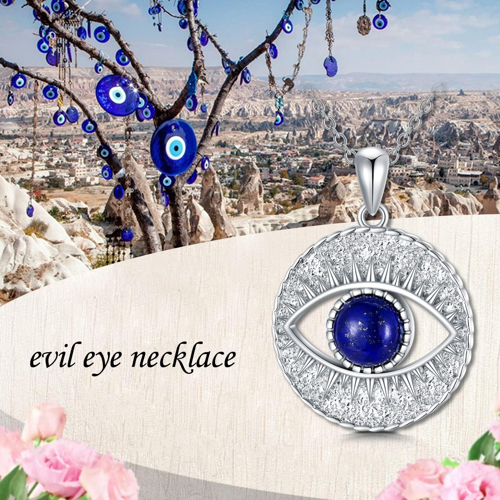 Collar de mal de ojo con colgante de Mal de Ojo de plata de ley 925 con lapislázuli azul natural, protección de piedras preciosas de la suerte, regalos para mujeres, Plata esterlina,