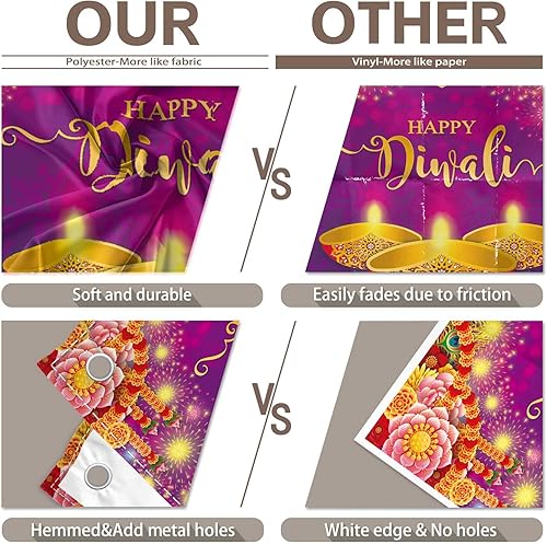 Miniatura 5 de YCUCUEI Telón de fondo de tela púrpura de 96 x 72 pulgadas Happy Diwali Festival de Luces India Festival de Luces Fondo de fotografía Floral Pluma