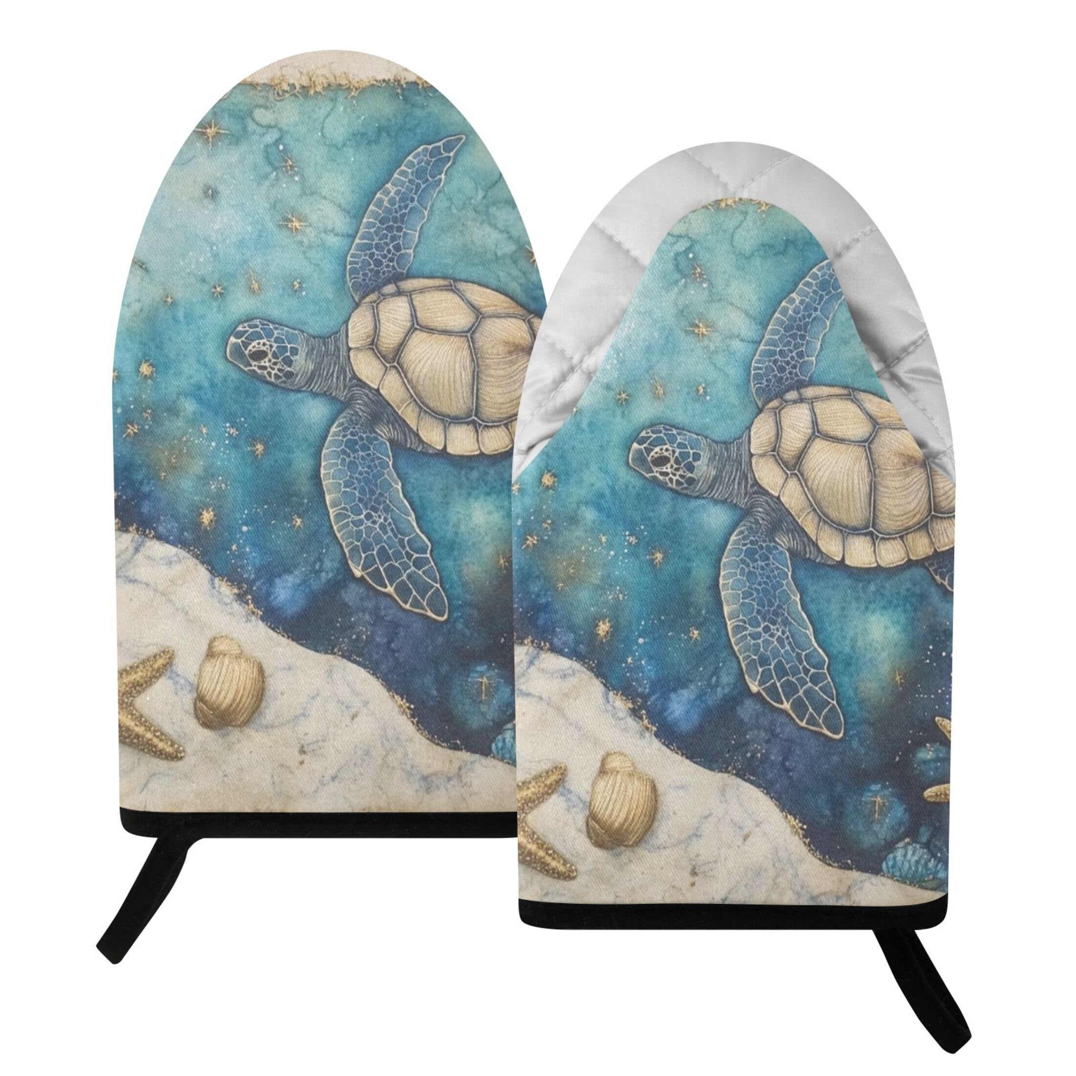 Fuauuyl Oven Mitts Heat Resistant Kitchen Gloves, Turtle Starfish Classic Oven Gloves with Hanging Loop for Baking BBQ Cooking Grilling, 1 Pair, 9.5 in