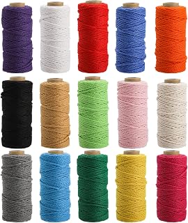 ZEAYEA 15 Rolls Macrame Cord 2mm x 480 Yards Natural Cotton Twine - 3-Strand Twisted Rope, 15 Colors for Wall Hangings, Plant Hangers, Crafts