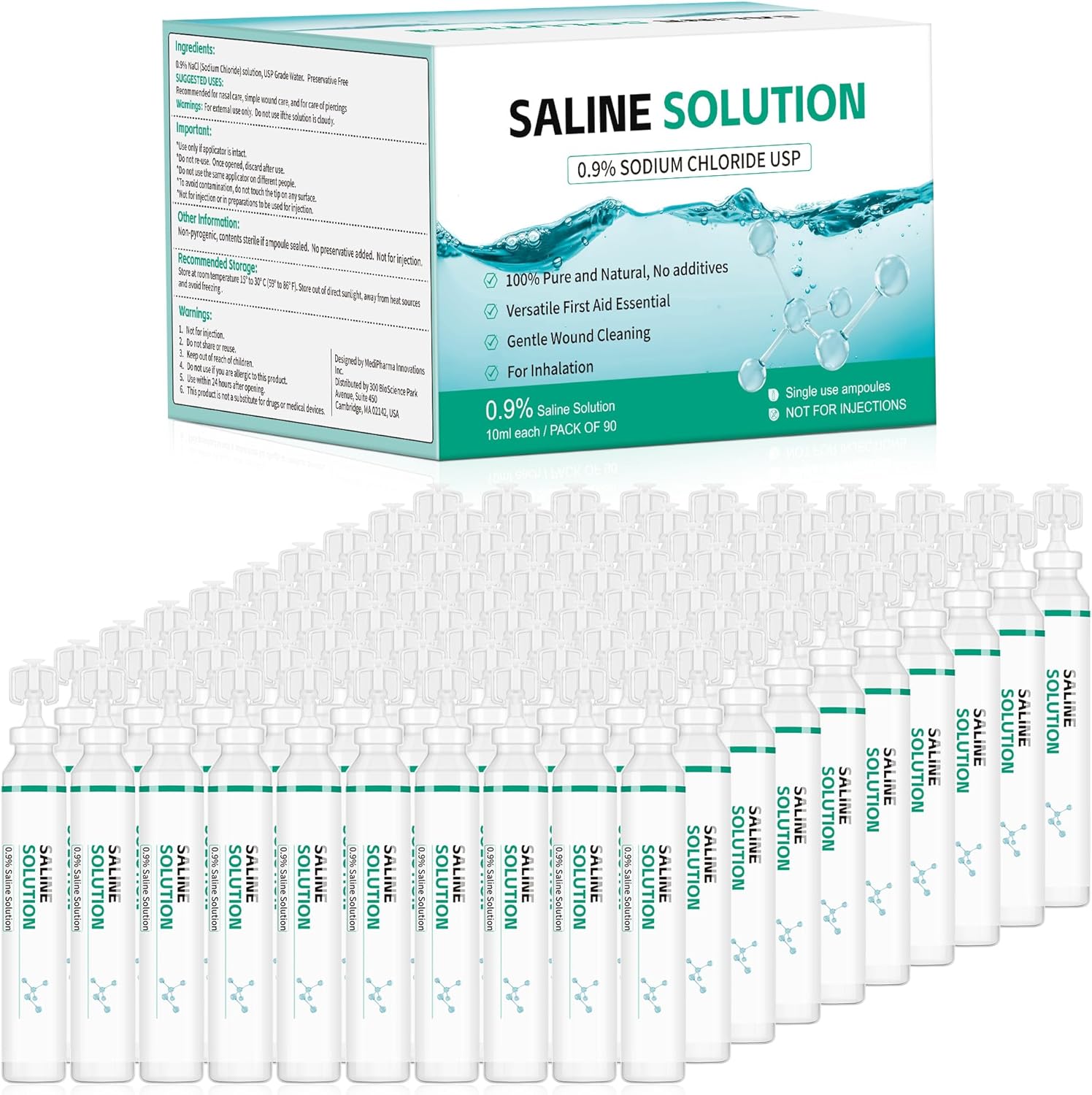 0.9% Saline Solution 900ml, 10ml Each in Ampoules, 90 per Box, Multi-Use Household Uses Saline, Contact Lens Solution