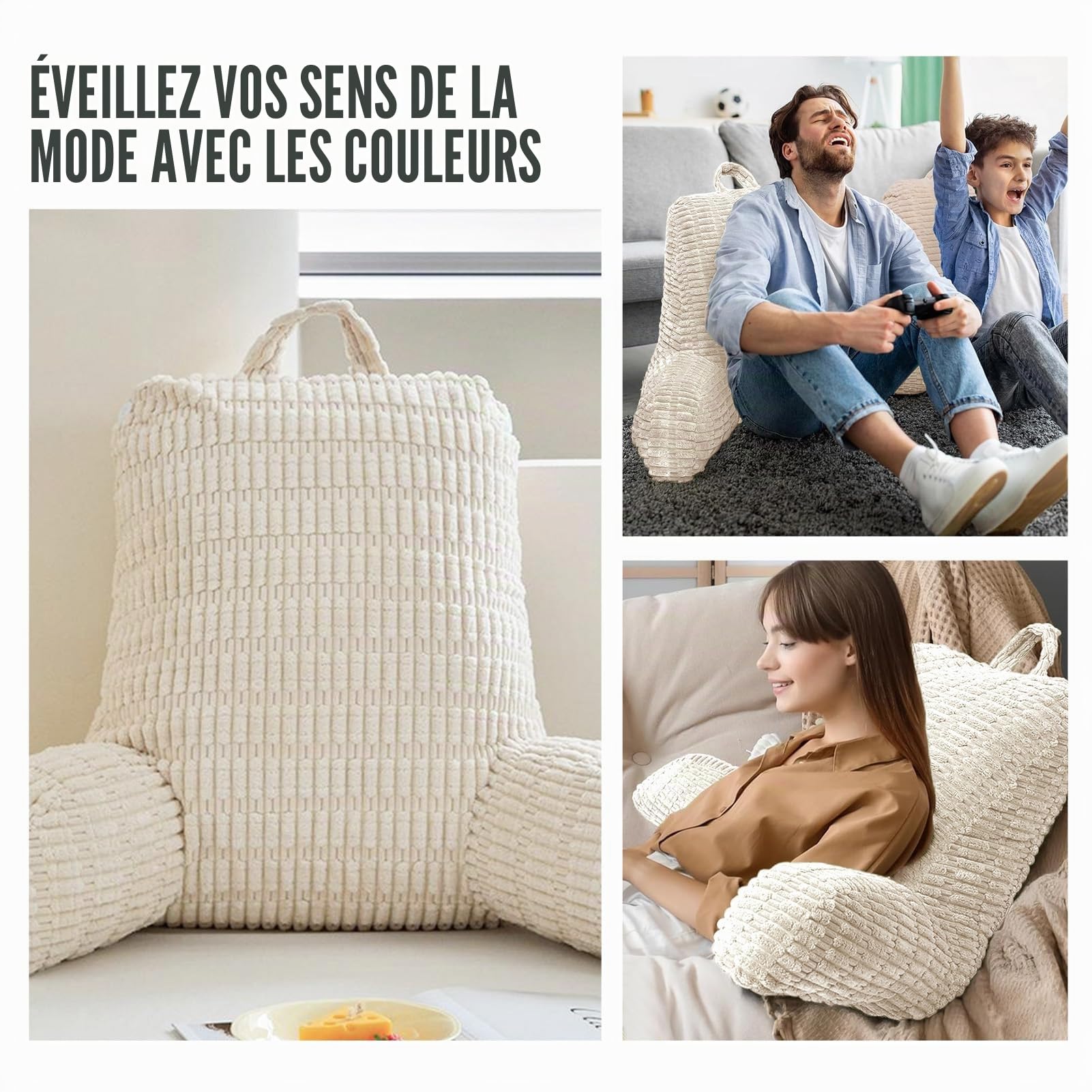 Coussin de Lecture pour Lit et Canapé, Canapé Adulte avec Coussin de Dossier, Coussin d'Assise avec Accoudoir, Dossier, Convient pour Regarder la Télévision, Lire, Jouer au Téléphone(Blanc)