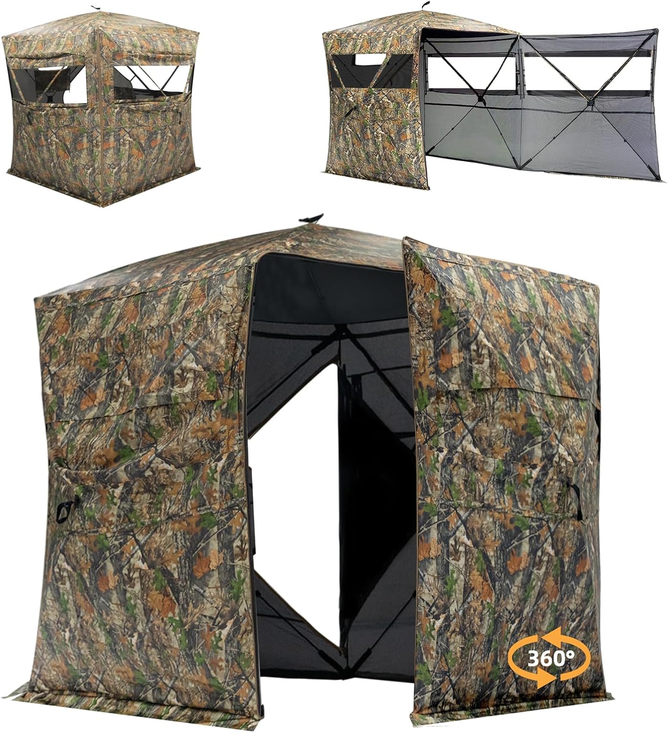 Hunting Blind for 2-3 & 3-4 Person, 360 Degree See Through Ground Blinds for Hunting Deer and Turkey, Pop Up Deer Blind with Single Door/Double Doors, Portable Carry Bag and Quiet Fast Setup 3-4 person 360 with 2 door