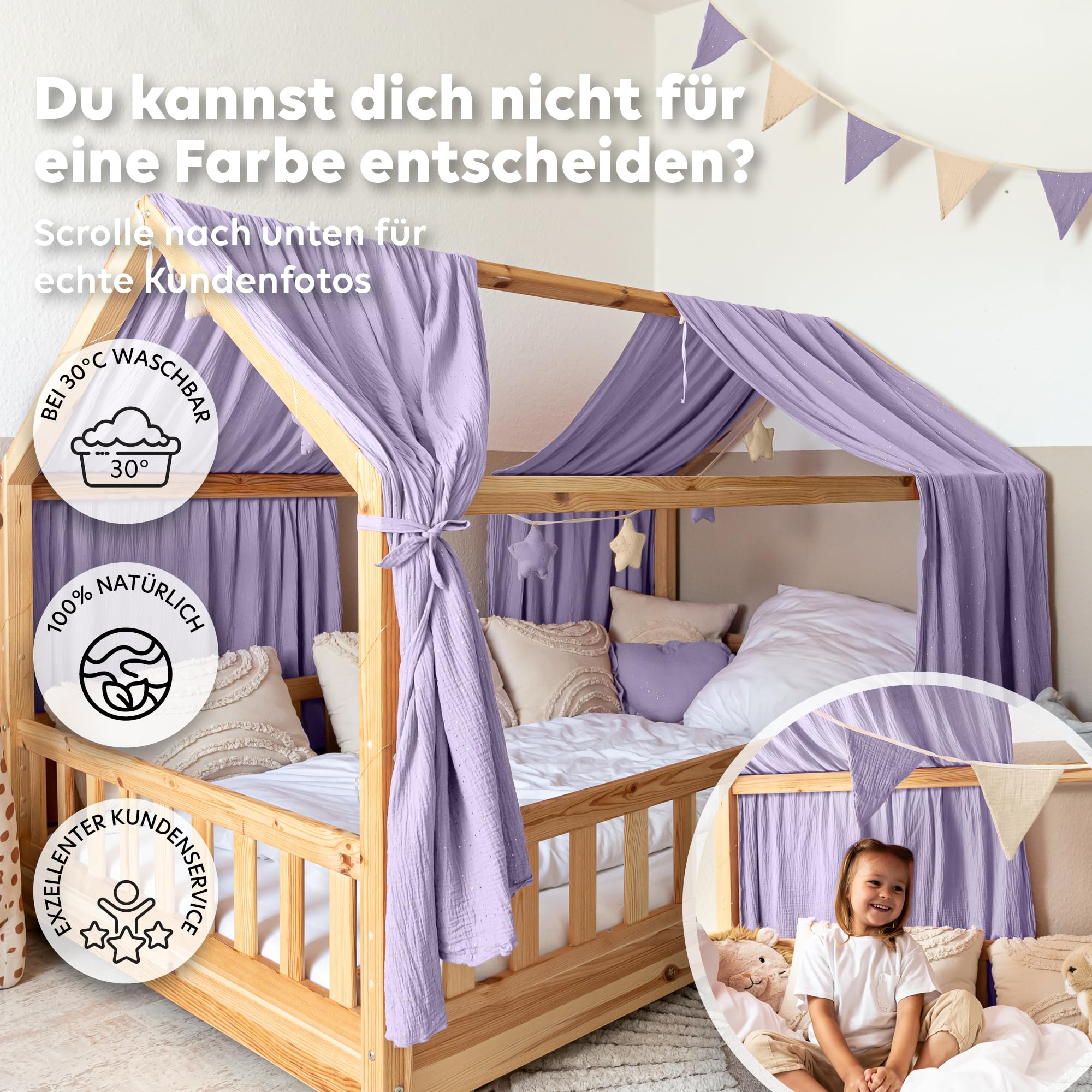 lilimaus Ciel de lit avec application dorée [en 12 couleurs] Ciel de lit en mousseline 100 % coton – Ciel de lit décoratif pour lit de maison fille et garçon – Ciel pour lit de maison, rideau