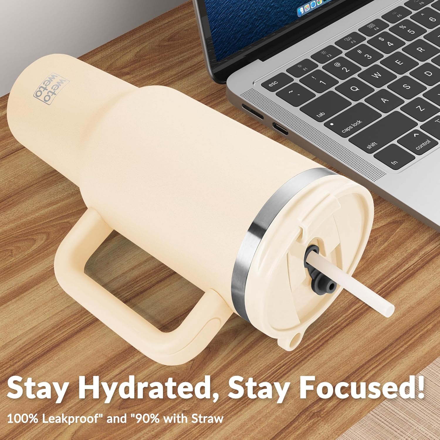 WETOWETO 40oz Tumbler with Handle | Insulated Stainless Steel Travel Mug | 34Hrs Cold & 10Hrs Hot Retention | 100% Leakproof Lid & Straw | Dishwasher Safe + Car Cup Holder Fit (Cream Color) - Image 4