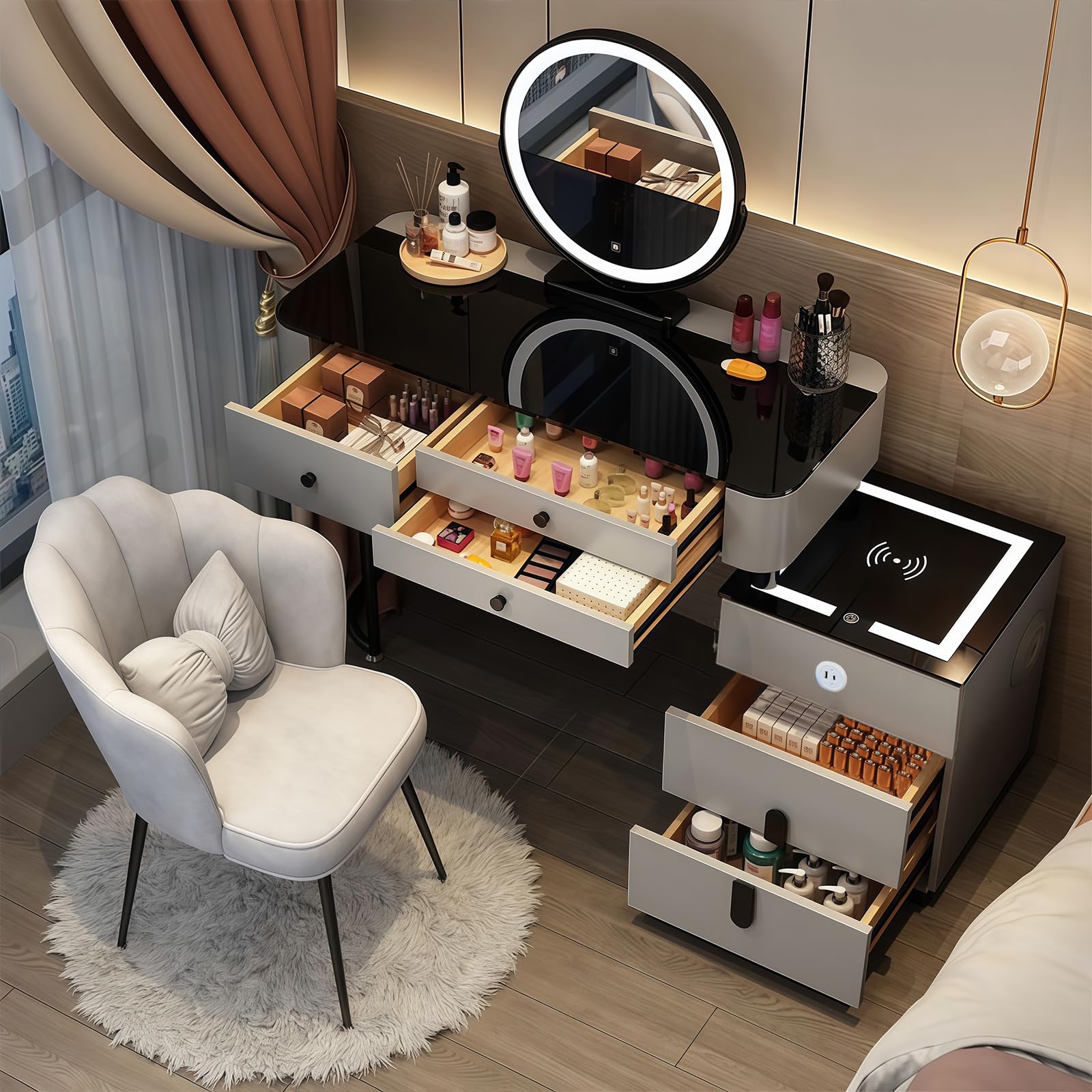Zestaw toaletki z lustrem LED, toaletka do makijażu, bezprzewodowe ładowanie, głośnik Bluetooth, krzesło do sypialni, różowy, 100 cm dla dziewcząt i kobiet