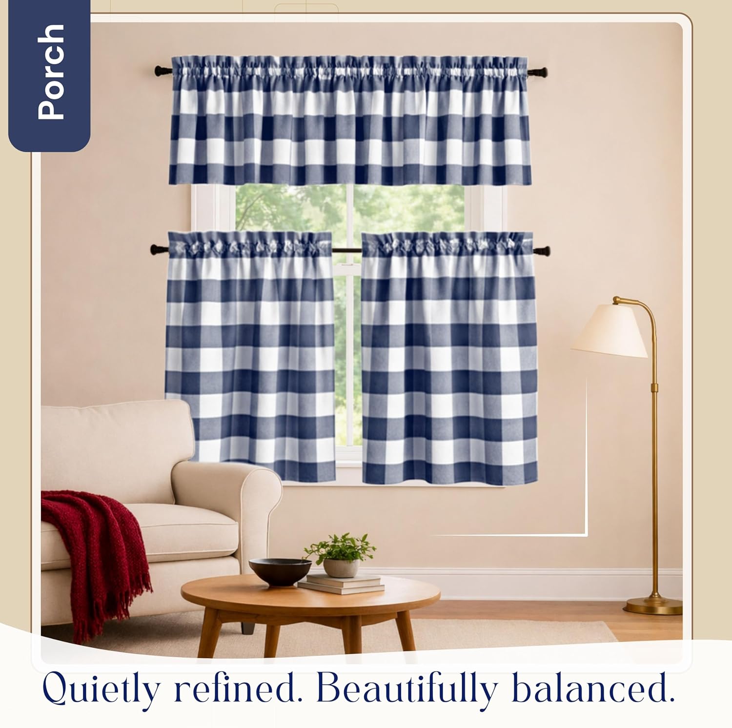 Buffalo Check Valance with Tier Curtains 3 Piece Set, 54x18 Valance and 26x36 Panels, Farmhouse Window Curtains for Kitchen, Dining, Bathroom, Café, Home Décor, Navy Blue
