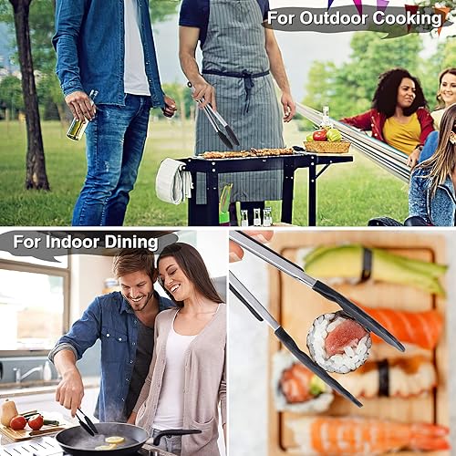 Miniatura 6 de Juego de 3 pinzas de cocina negras con puntas de silicona, pinzas antiadherentes resistentes al calor para asar a la parrilla, barbacoa, buffet y