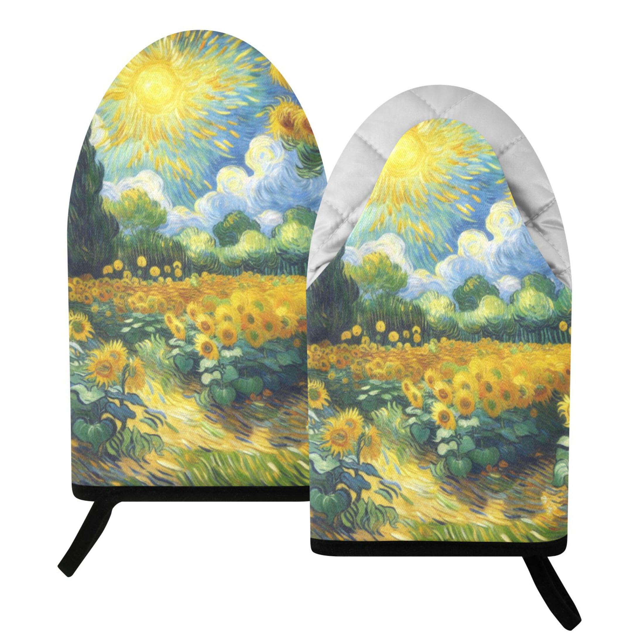 Fuauuyl Oven Mitts Heat Resistant Kitchen Gloves, Sunflower Garden Classic Oven Gloves with Hanging Loop for Baking BBQ Cooking Grilling, 1 Pair, 9.5 in