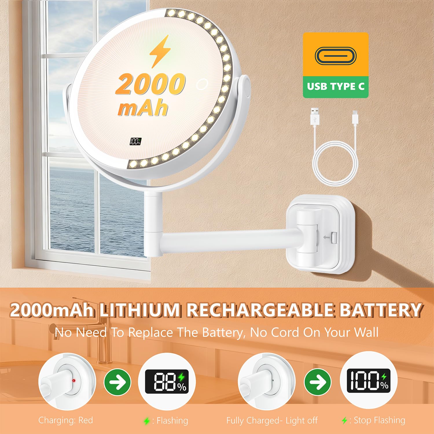 Auxmir Specchio Trucco con Ingrandimento 30X/1X, Specchio da Parete a LED Con o Senza Foratura, Estensibile e Rotazione a 360°, 3 Colori di Luce Regolabile, Ricaricabile 2000mAh per Bagno Hotel Spa