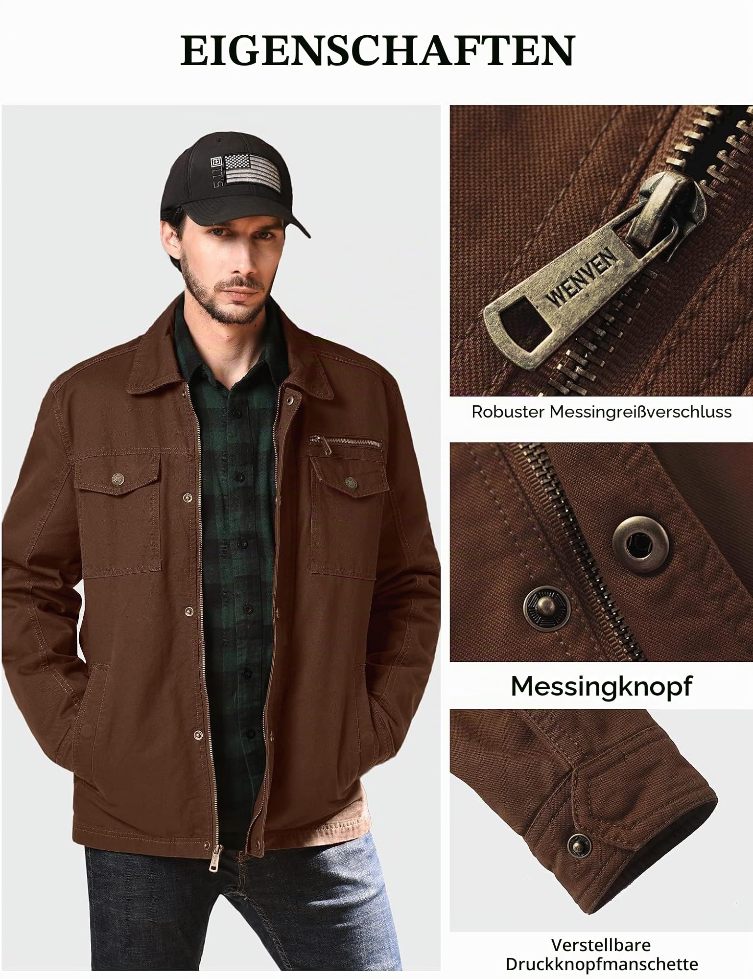 WenVen Jacke Herren Leichte Winddicht Multitaschen Kurz Outdoorjacke