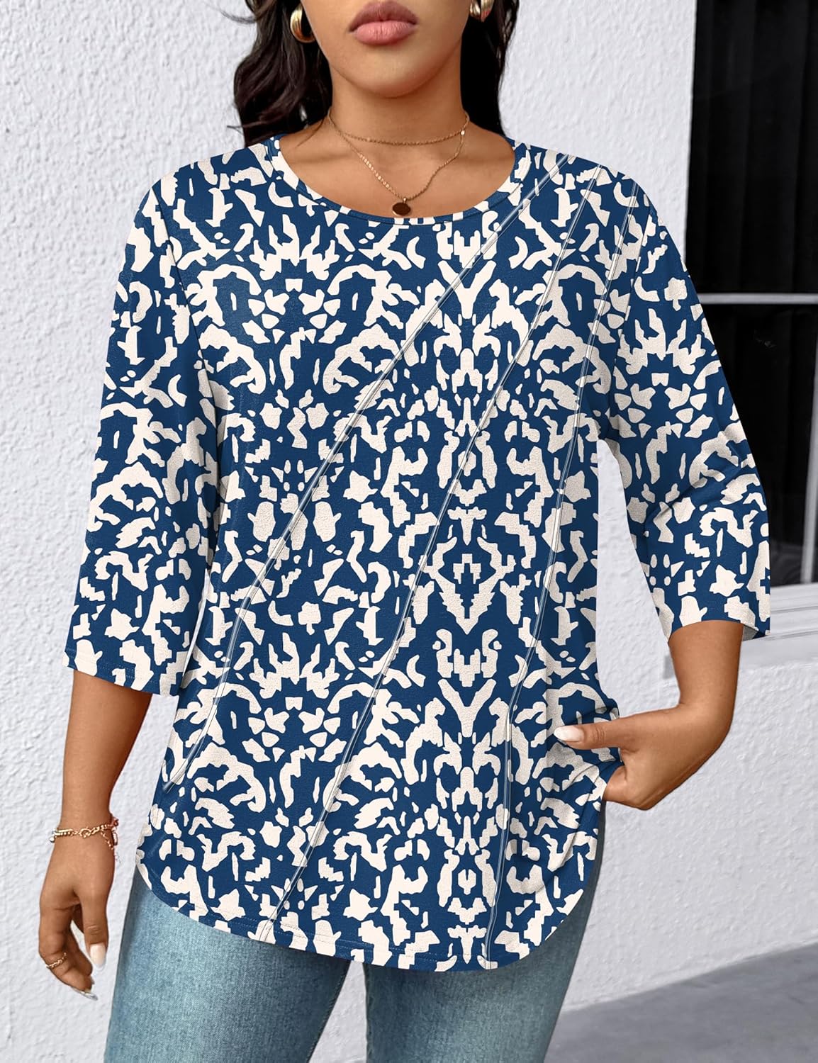 LOMON Womens Plus Size Tops 3/4 Length Sleeve Womens Tops Pleated Crewneck Fall Shirts Summer Blouses 2026 (1X-5X) - Image 3