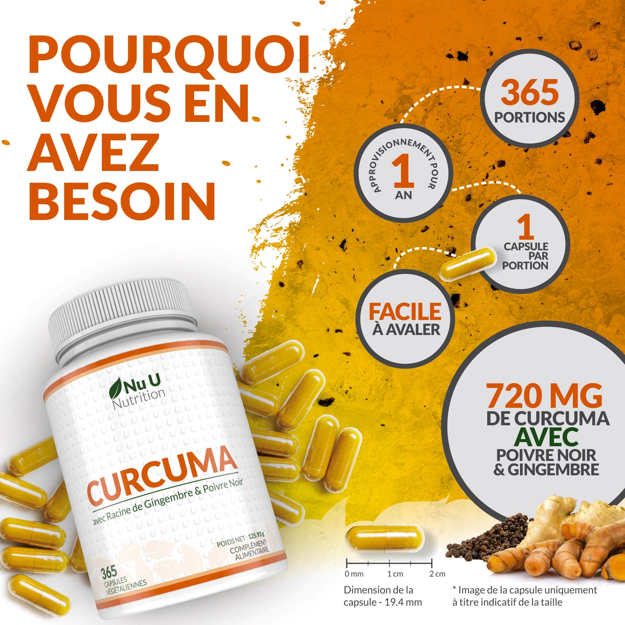 Curcuma Gingembre et Poivre Noir - 365 Gélules Vegan (1 An) - 95% de Curcumine - 720mg de Curcuma par Gélule de Haute Absorption - Fabriqué en Europe - Nu U Nutrition