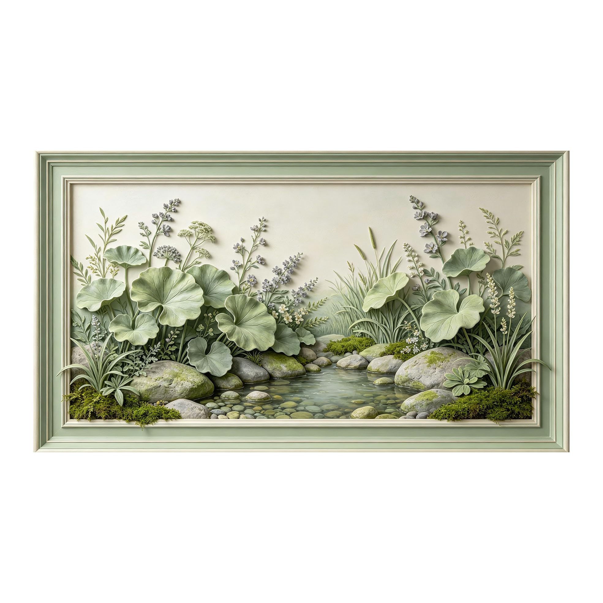 Murasolite 3D Framed Wall Art Botanical Stream Landscape Watercolor SelfAdhesive Fabric Mural Wall Decor， Peel and Stick No Damage to Wall， AntiFall Safe Design for Bedroom Living Room