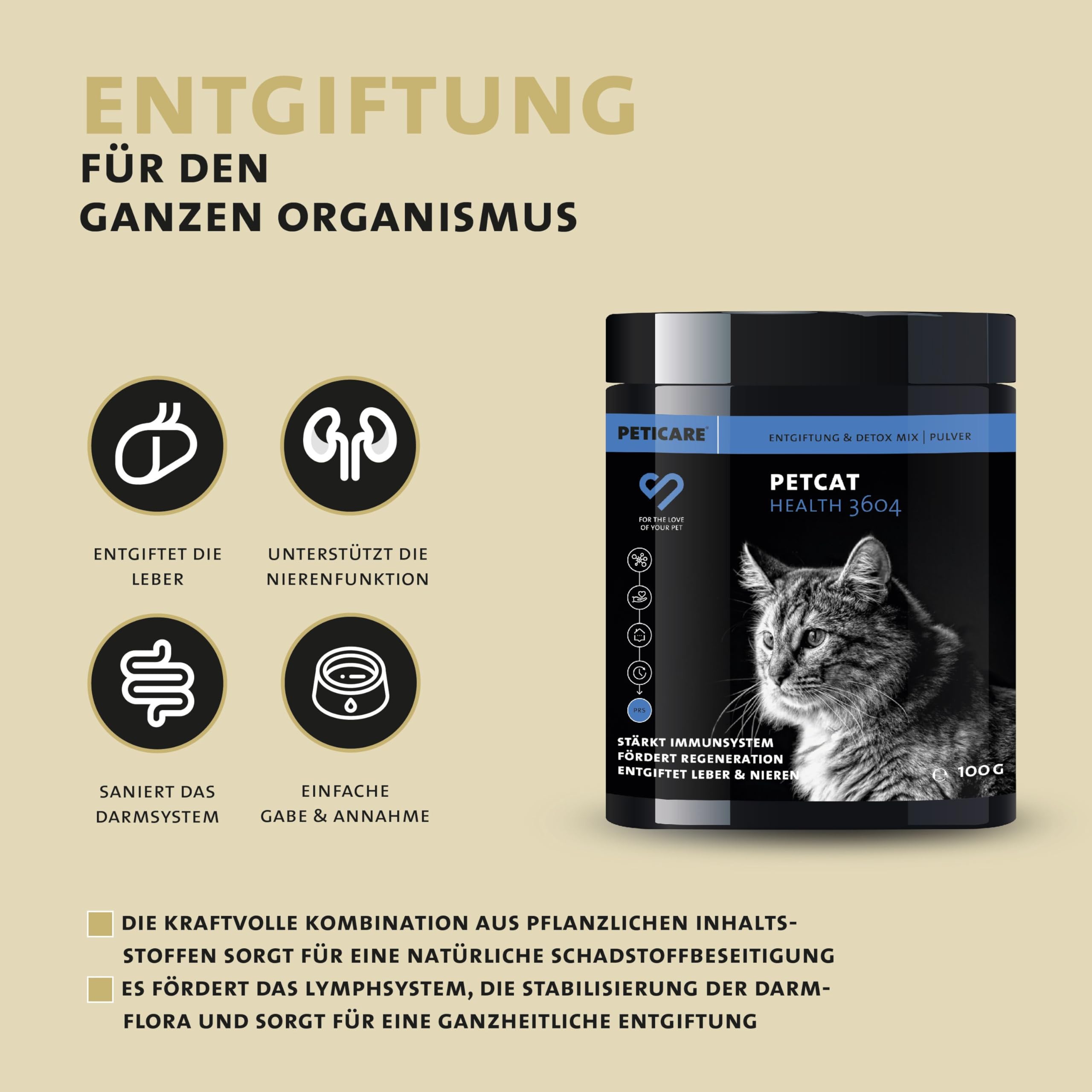 Peticare PetCat Health 3604 proszek detoksykacyjny dla kotów, oczyszczająca formuła wspomaga wątrobę i nerki, wspomaga trawienie i układ odpornościowy, z ostropestem plamistym, MSM | naturalna karma