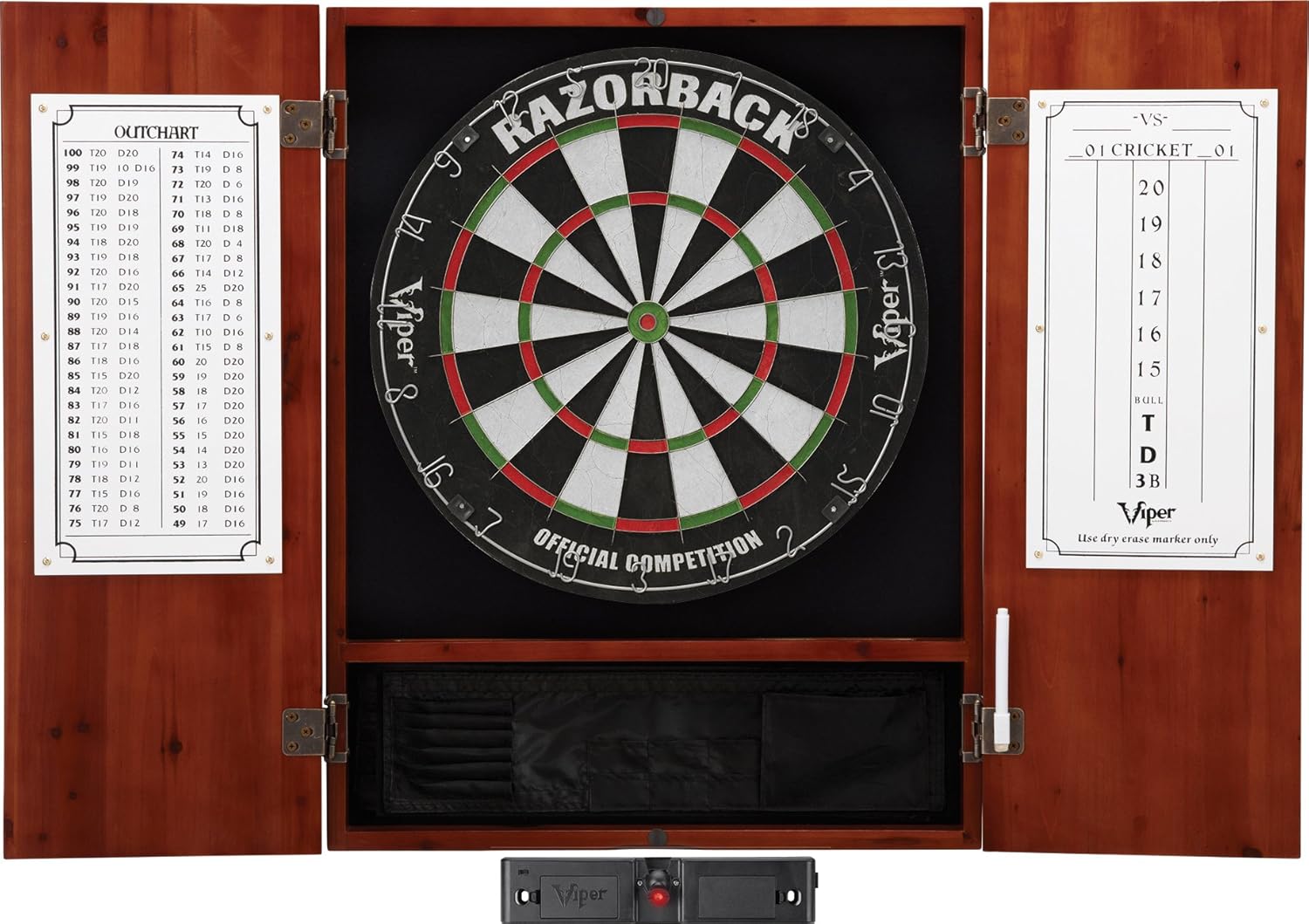 Viper Metropolitan Solid Wood Cabinet & Sisal/Bristle Dartboard Play-Ready Bundle: Elite Set (Razorback Dartboard, Darts and Laser Throw Line), Cinnamon Finish