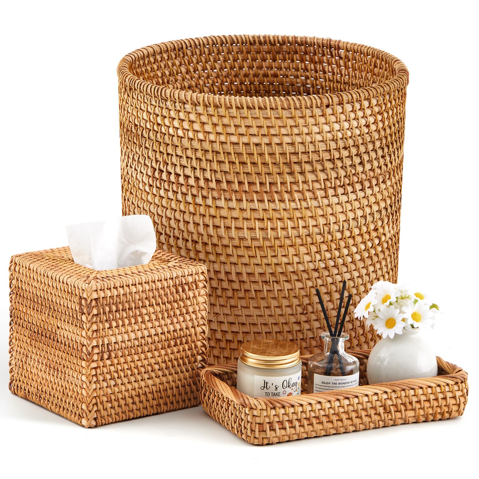 3 Pcs Rattan Bathroom Baskets Set Wicker Handwoven Trash Can Waste Paper Basket Square Tissue Box Holder Toilet Vanity Tray Accessories for Kitchen Office Organizer Decorative(Natural)