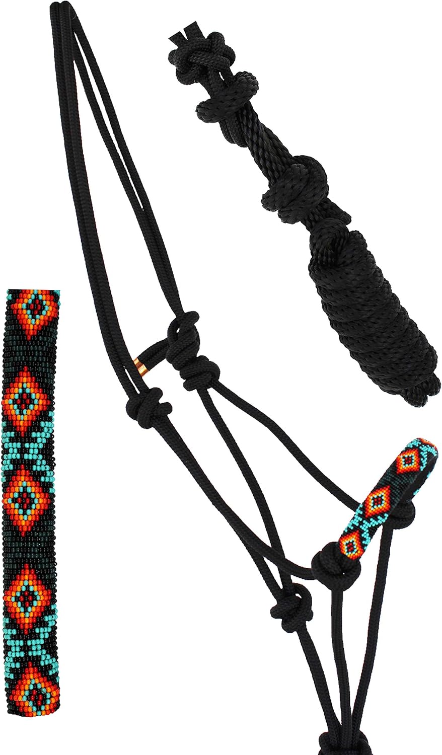 CHALLENGER Nylon Horse Braided Beaded Noseband Rope Halter Lead Rope Tack Black 606RT28