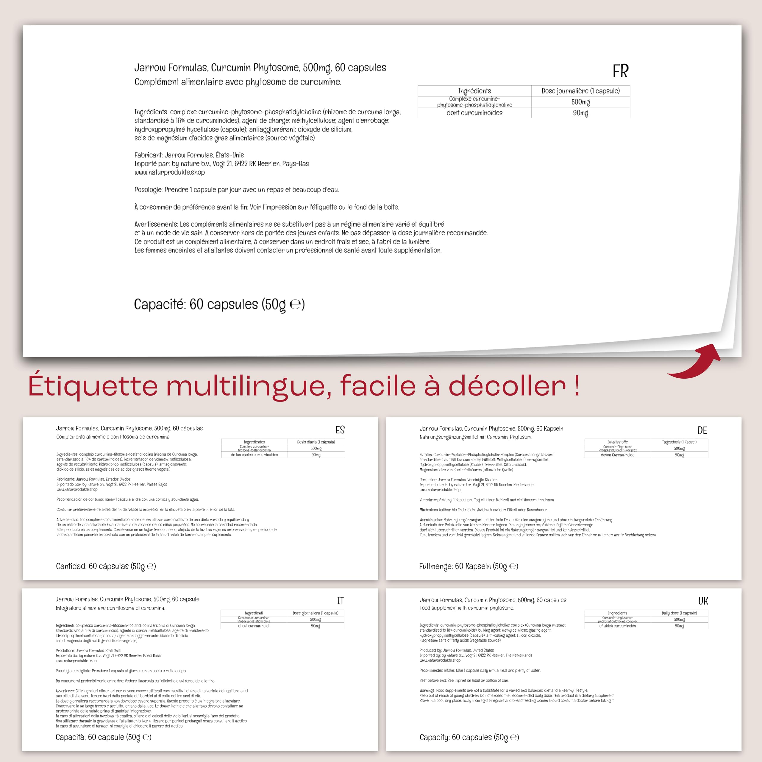 Jarrow Formulas, Curcumin Phytosome, 500mg, 60 Capsules végétaliennes, Testé en Laboratoire, Sans Soja, Sans Gluten, Végétarien, Sans OGM