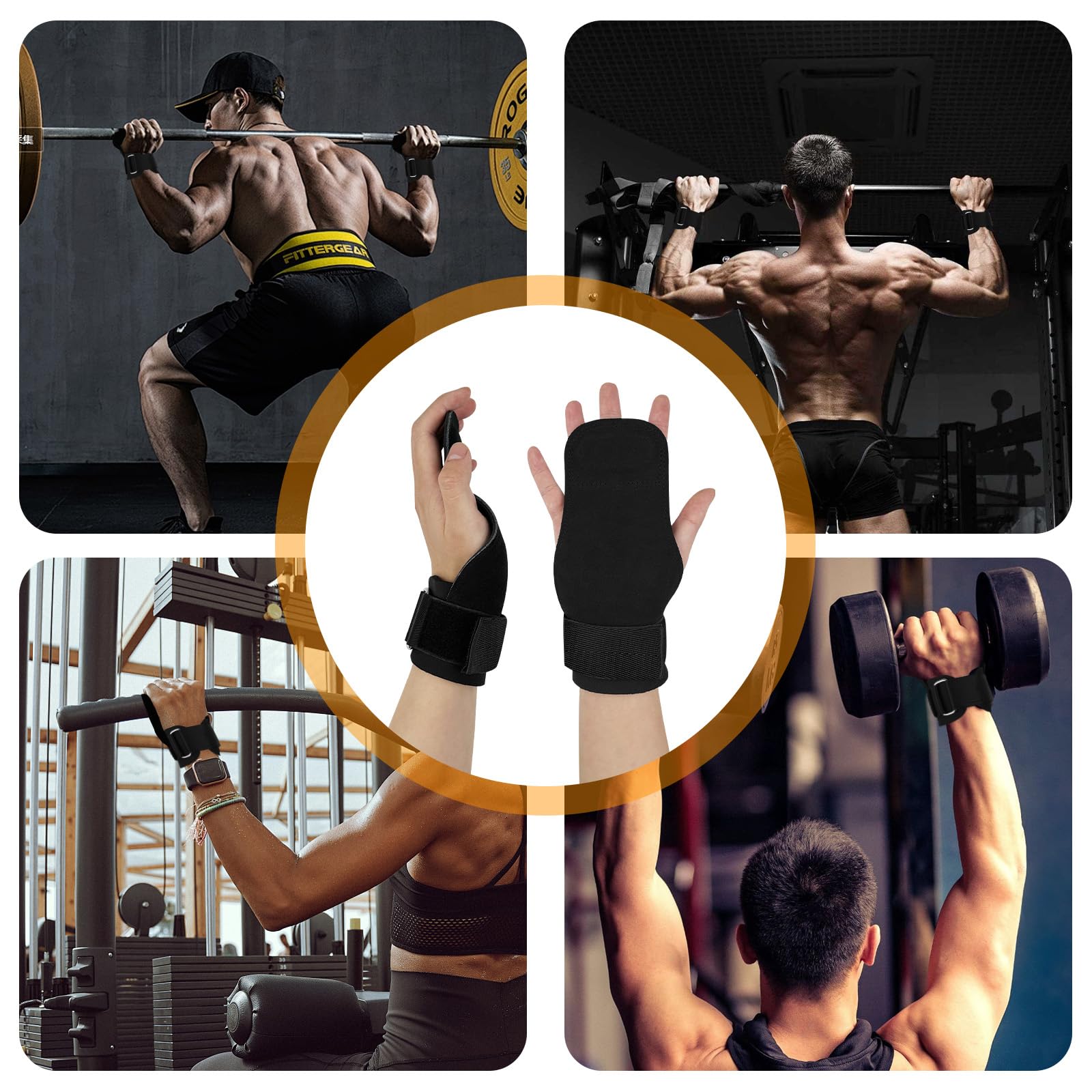 Cinghie da Polso per Sollevamento Pesi, Straps Palestra, Grip Palestra, Sollevamento Pesi in Pell con Wrist Wraps, per Sollevamento Pesi, Deadlift, Allenamento di Forza, Nero