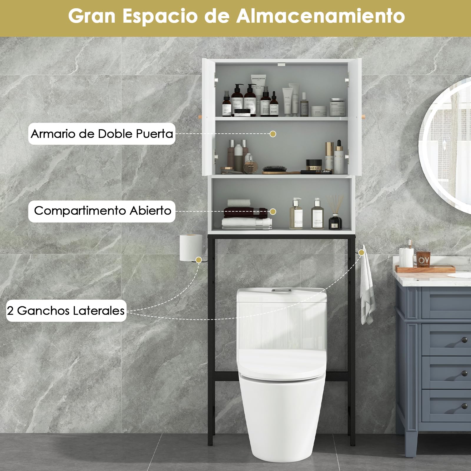 GOPLUS Armario sobre la Mesa del Inodoro, Armario de Baño con Doble Puerta, Compartimento Abierto, Estante Ajustable, Barra Inferior para Lavadero, 63x23x165,5cm (Blanco)