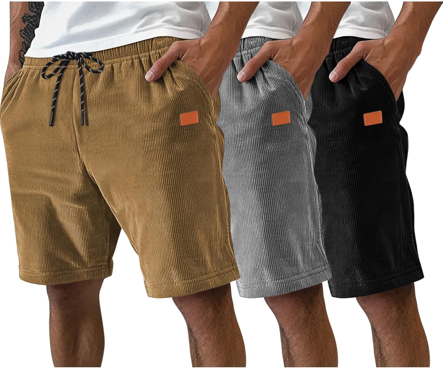 Neer 3 Pack Men's Corduroy Shorts Casual Elastic Waist Drawstring Lightweight Summer Beach Loose Fit Shorts with 3 Pockets