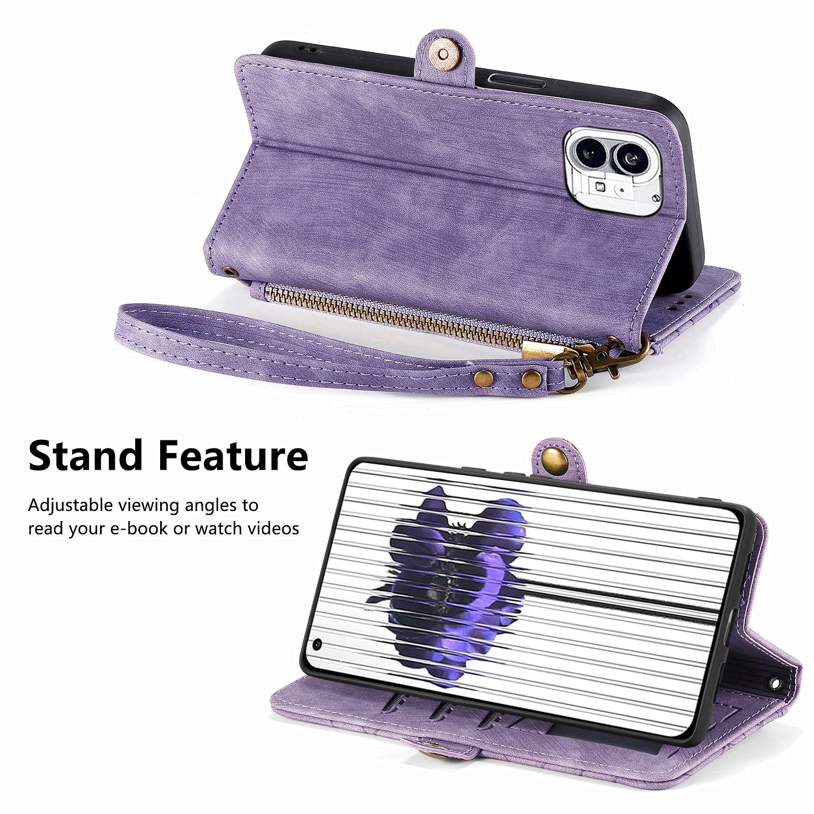 Asuwish Phone Case for Nothing Phone 1 One Wallet Cover with Tempered Glass Screen Protector and Wrist Strap Leather Flip Zipper Credit Card Holder Stand Cell Accessories Protection Women Men Purple - Image 2