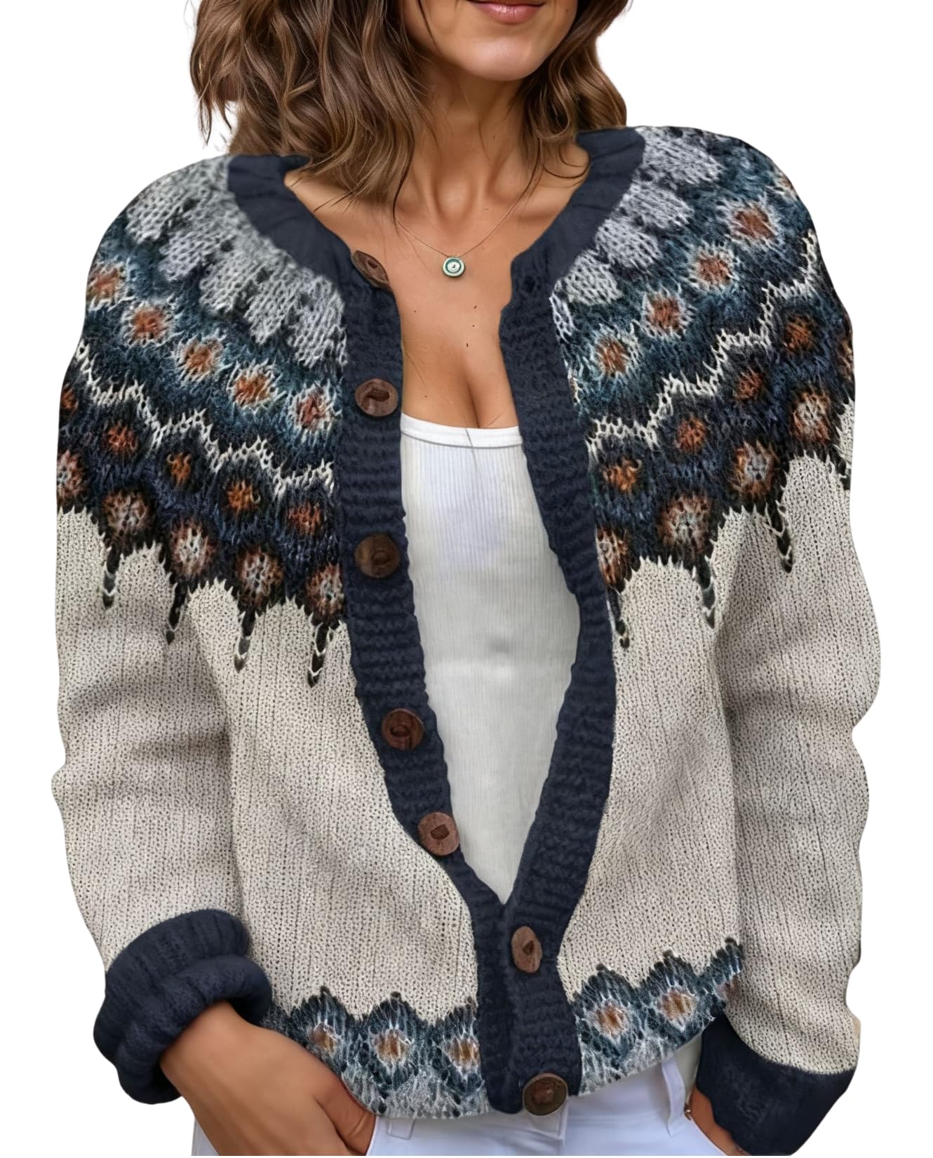 LIZALIG Cardigan for Women Fair Isle Sweater Chunky Cardigan Plus Size Cute Outfits Knit Vintage Style for Fall